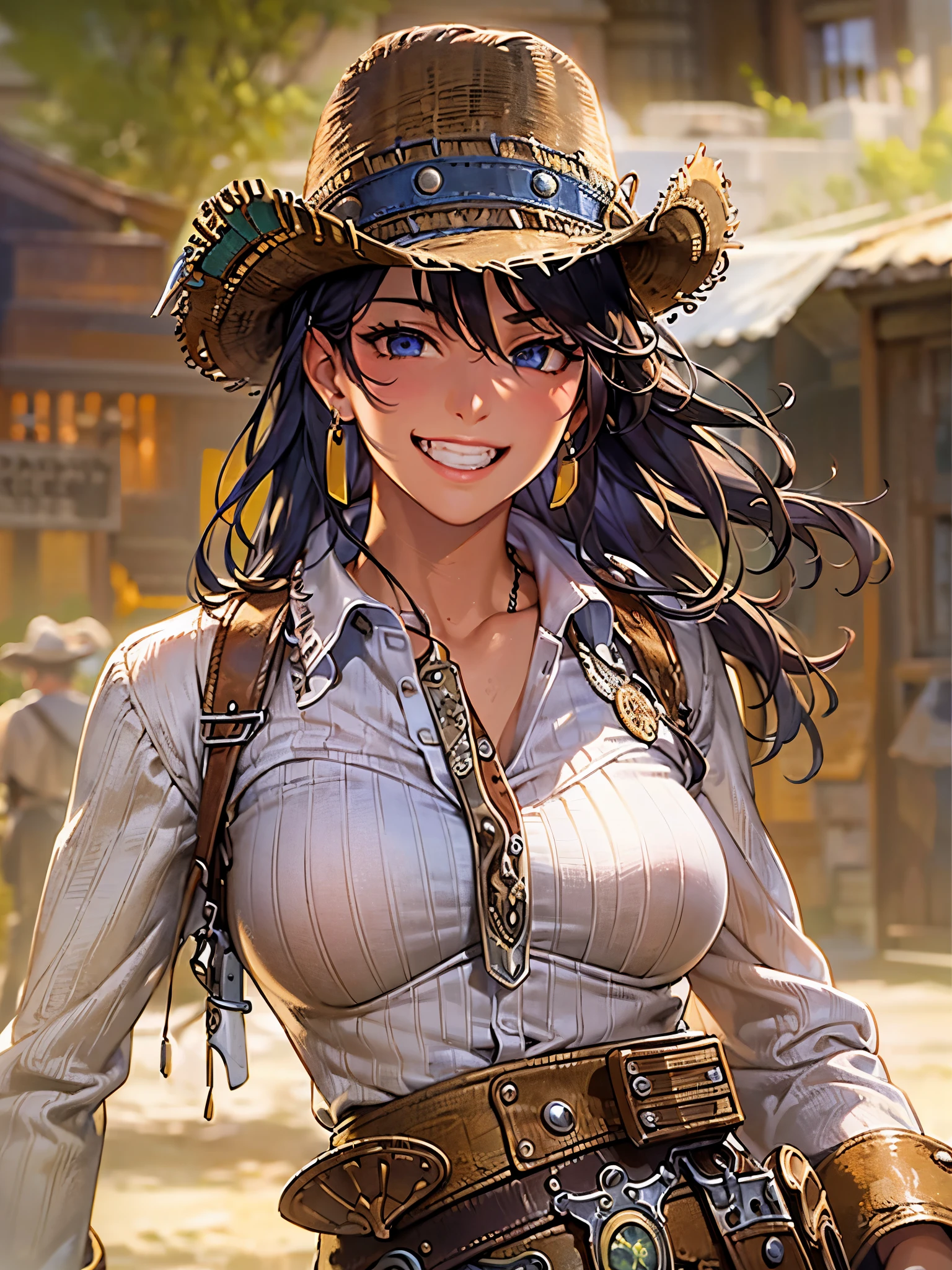 ((Finest quality)),(超A high resolution),(ultra-detailliert),(Meticulous portrayal),((Best CG)),(Finest works of art),Ultra-Precision Art,The art of astounding depiction,(Art with precise depiction in every detail:1.5),(Wild West:1.8), (one female gunman:1.7),confident grin:1.5,Beautiful and well-groomed face:1.6, gun muzzle pointed at viewer:1.8