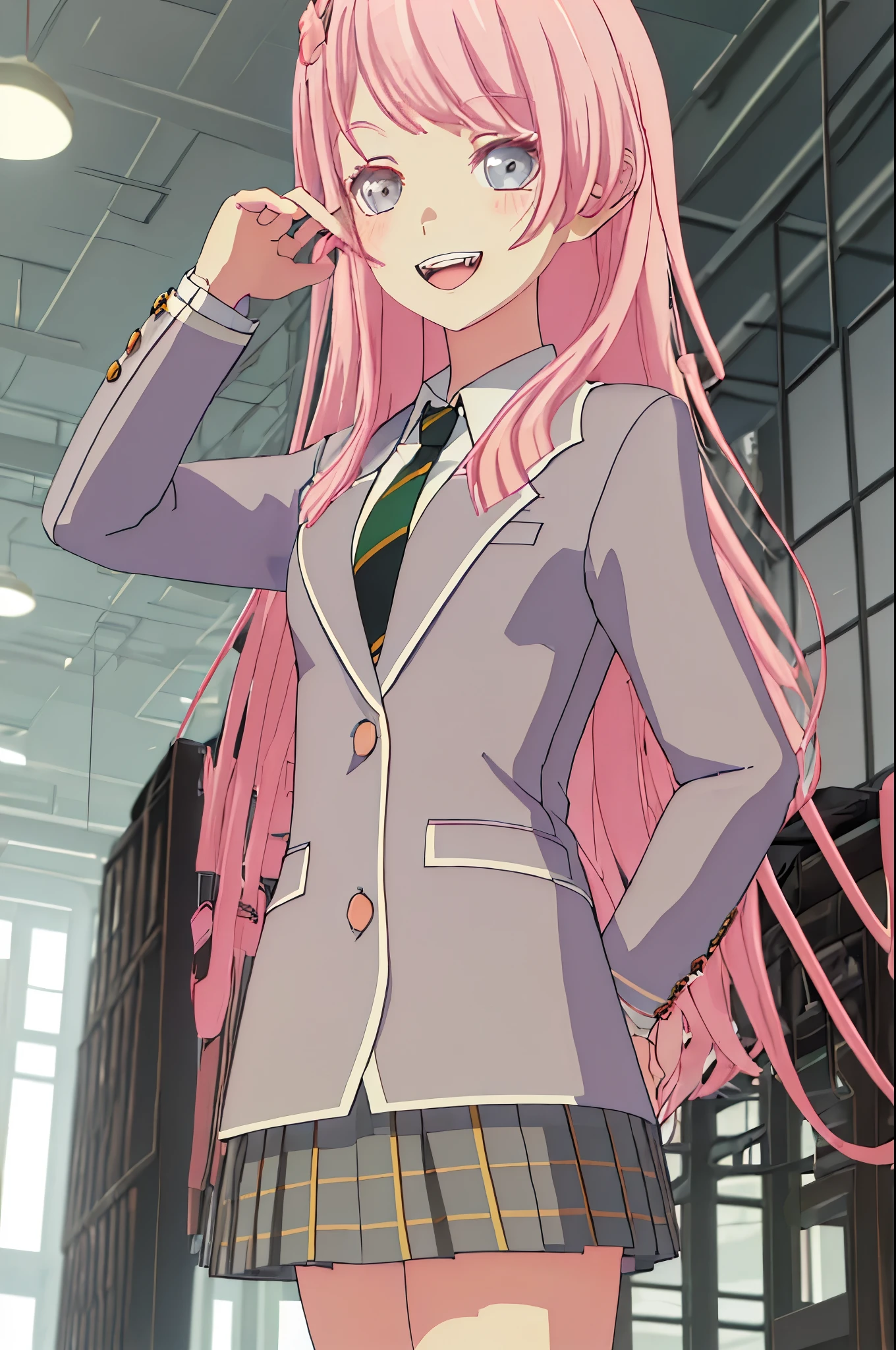 best quality, masterpiece, highres, solo, {chihaya_anon_bangdreamitsmygo:1.15}, long_hair, pink_hair, bangs, blush, necktie, grey_eyes, blazer, open_mouth, upper_body, indoors, 1girl, blurry, blurry_background, jacket, school_uniform, shirt, white_shirt, collared_shirt, grey_jacket, teeth, upper_teeth_only, smile, :d, portrait