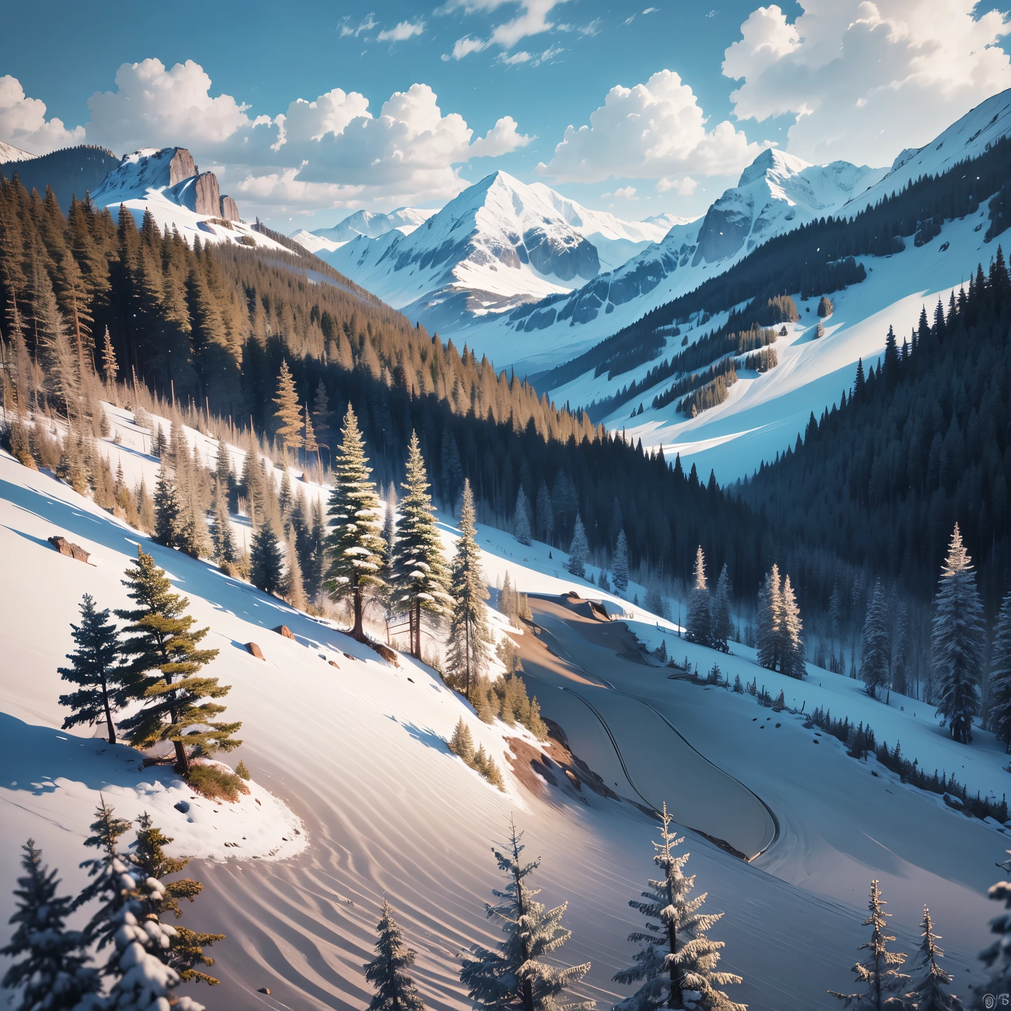 high mountains, cold snowy weather, huge high trees touching the sky and water falls in the clouds --auto --s2