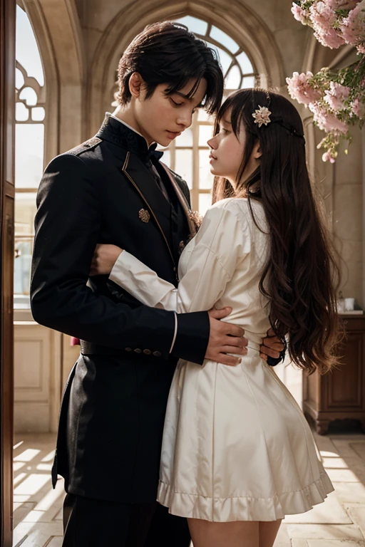 a film poster of three people, two boys and one girl, bestfriends, love  in front of a castle, manhwa, shoujo romance, aristocratic, the flower prince, castle scene manga, delicate androgynous prince, cover manga, steam romance, romance novel cover, bloom. fantasy, sakimichan and frank franzzeta, manga cover, shoujo manga, in school witch uniform, hate to lover, student, boy an girl, love between friends, with uniform, with title "friends shouldn't act this way!",