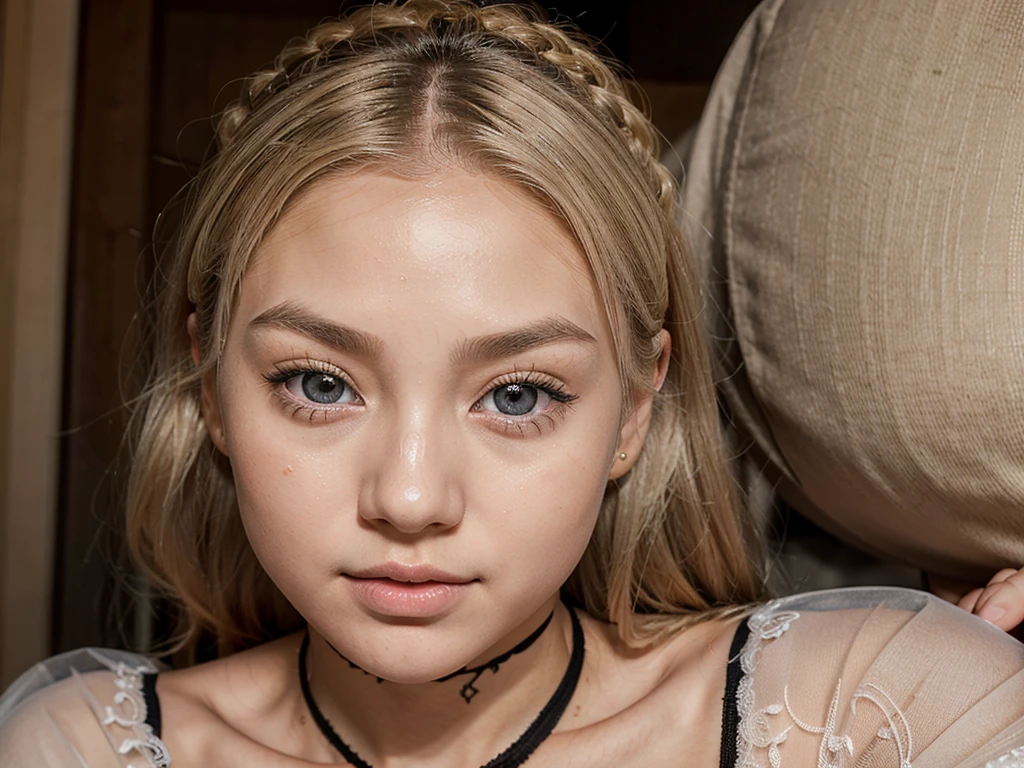 A young girl with a perfectly symmetrical face and blonde hair. She has Asian features, such as almond-shaped eyes and a small nose. Her eyes are large and gray, and she has a piercing on her nose. Her lips are full and juicy, and she has a piercing on her chest. She wears a lacey and transparent lingerie that reveals her curves.