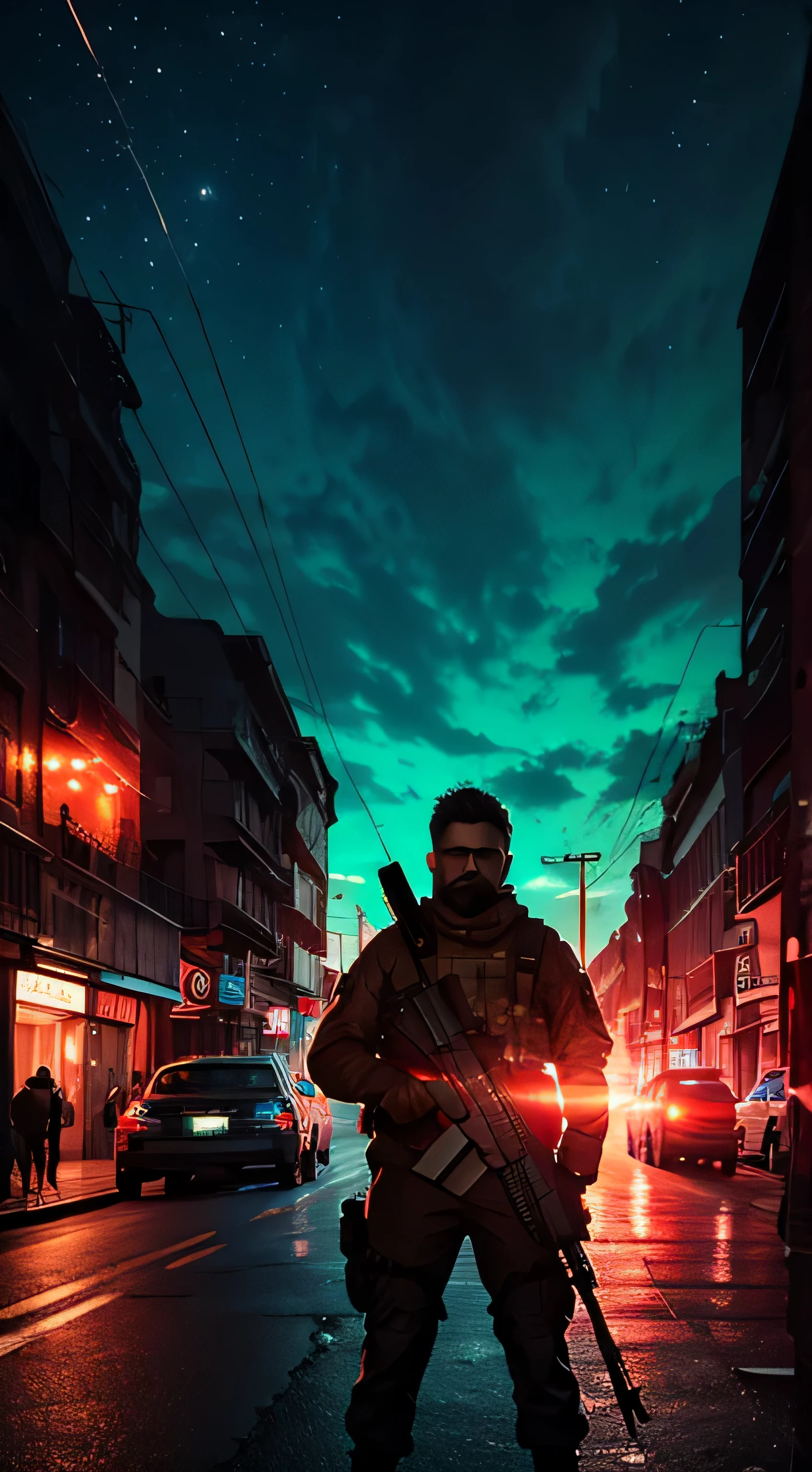 (best quality,4k,8k,Altas,master part:1.2),ultra-detalhado,(Realistic,photoRealistic,photo-Realistic:1.37),HDR,UHD,studio lighting,foco nítido,Physically-based rendering,extreme detail description,profissional,vivid colors,Bokeh,soldier lying in a building,sniper rifle,olhando para as pessoas na rua,luzes verdes e vermelhas preenchem a cena,Retratos,Cityscape,tons de cores frias,dramatic lighting