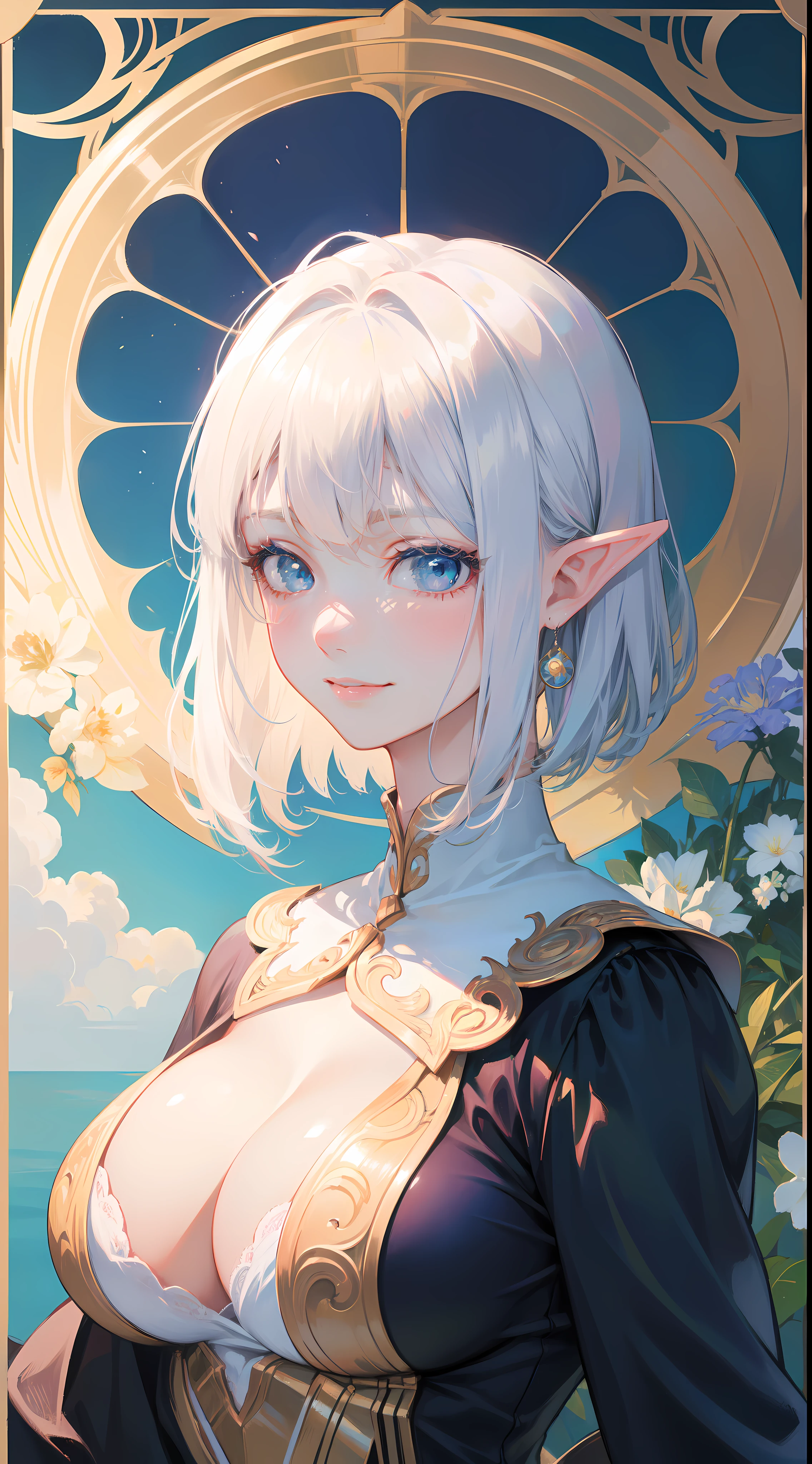 tarot card layout,Best quality, Masterpiece, (Realistic:0.6), Realistic lighting,Flower frame, Decorative panels, abstract artistic, Alphonse Mucha, (Art Nouveau, A high resolution: 1.4), A detailed, Complicated details, 4K,Wheel of Fortune,golden colored,Solid, BREAK, highly detailed of (elf), (1girl), solo, big breast, perfect face, details eye, Bob cut hair, Blunt bangs, (hair between eye), white hair, blue eyes, in the style art by Artgerm, by Kawacy, by Yoshitaka Amano, BREAK, eyelashes, makeup, eyeshadow, pink eyeshadow, light pink lips, smile, blush