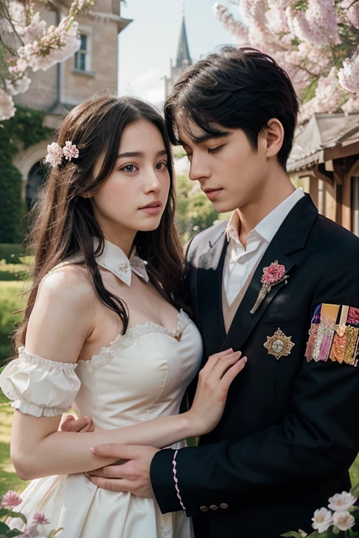 a film poster of three people, two boys and one girl, bestfriends, love  in front of a castle, manhwa, shoujo romance, aristocratic, the flower prince, castle scene manga, delicate androgynous prince, cover manga, steam romance, romance novel cover, bloom. fantasy, sakimichan and frank franzzeta, manga cover, shoujo manga, in school witch uniform, hate to lover, student, boy an girl, love between friends, with uniform, with title "friends shouldn't act this way!",
