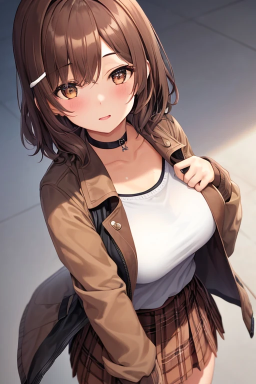 1girl, solo, brown hair, medium hair, hairclip, brown eyes, choker, schooul outfit with jacket, light skirt, large breasts, lustful face, fair skin