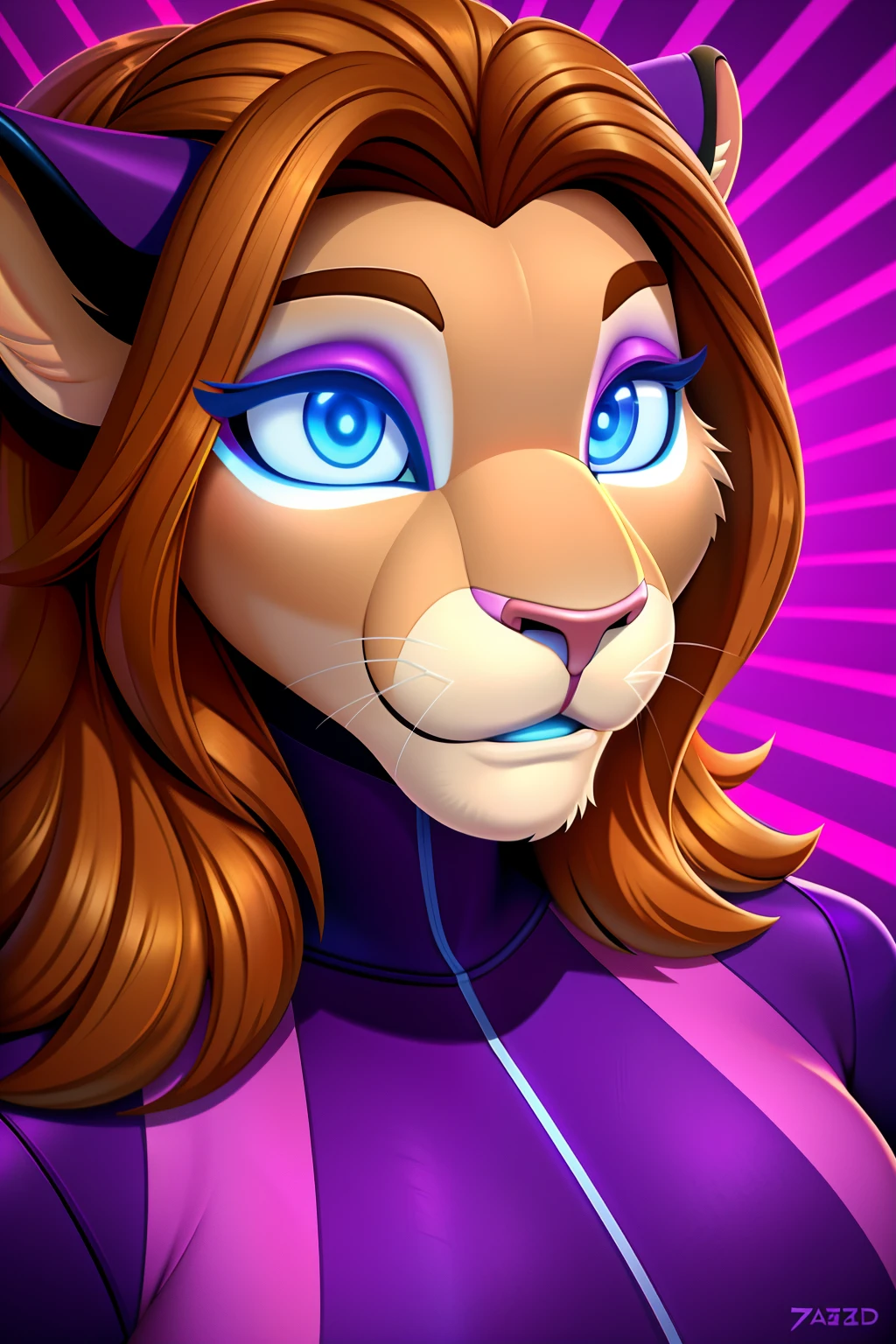 android housewife, lioness anthro, brown hair, blue eyes, glowing eyes, purple sportswear, mind-controlled, hypnotized, dazed, 3D Disney style