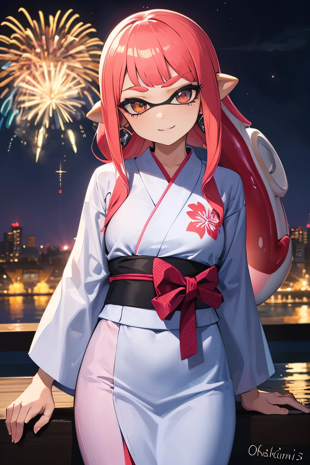 maxima resolucion, 4k, Hi-Def, ojos hermosos , Chica Inkling, splatoon, happy, yukata, hands behind back, fireworks,