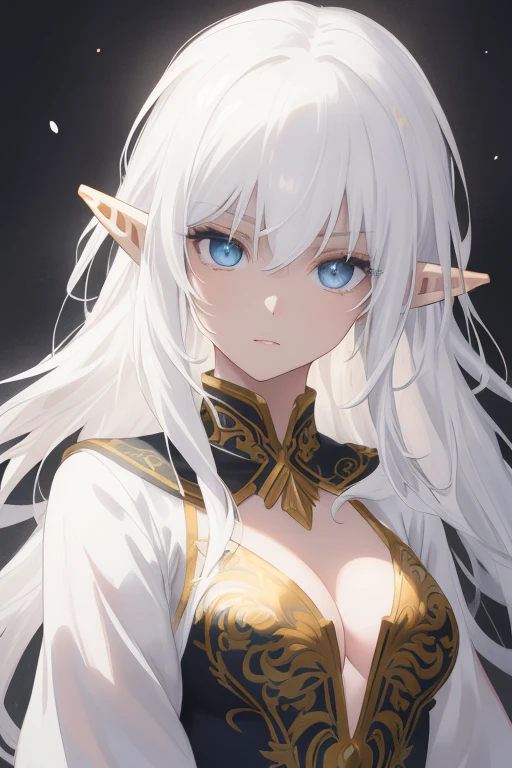(a light elf, warrior, using two daggers, white hair, detailed eyes, detailed face, anime version), high quality, vibrant colors, masterpiece, full body, in the glow of light, ornate clothing.
