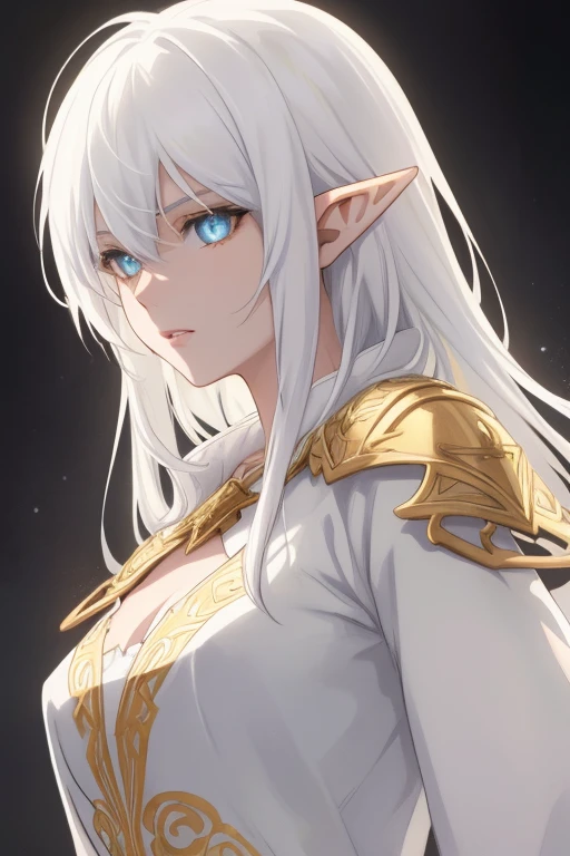 (a light elf, warrior, using two daggers, white hair, detailed eyes, detailed face, anime version), high quality, vibrant colors, masterpiece, full body, in the glow of light, ornate clothing.