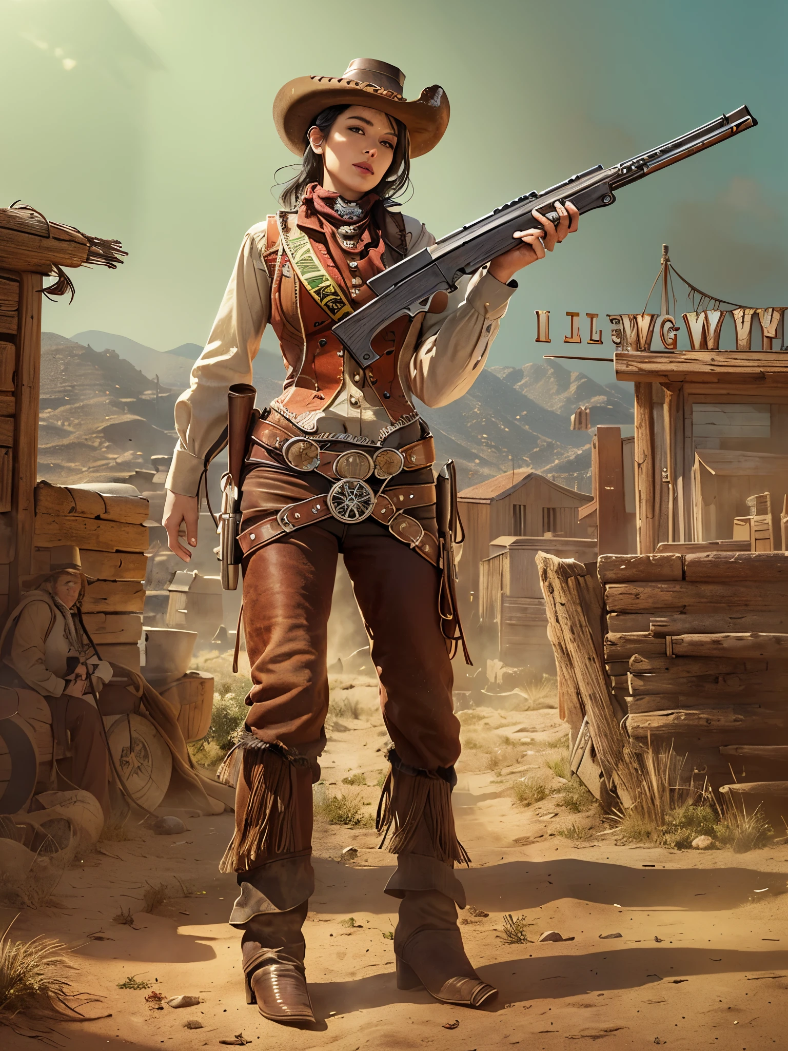 ((Finest quality)),(超A high resolution),(ultra-detailliert),(Meticulous portrayal),((Best CG)),(Finest works of art),Ultra-Precision Art,The art of astounding depiction,(Art with precise depiction in every detail:1.5),(Wild West:1.8), (one female gunman:1.7),confident grin:1.5,Beautiful and well-groomed face:1.6, gun muzzle pointed at viewer:1.8