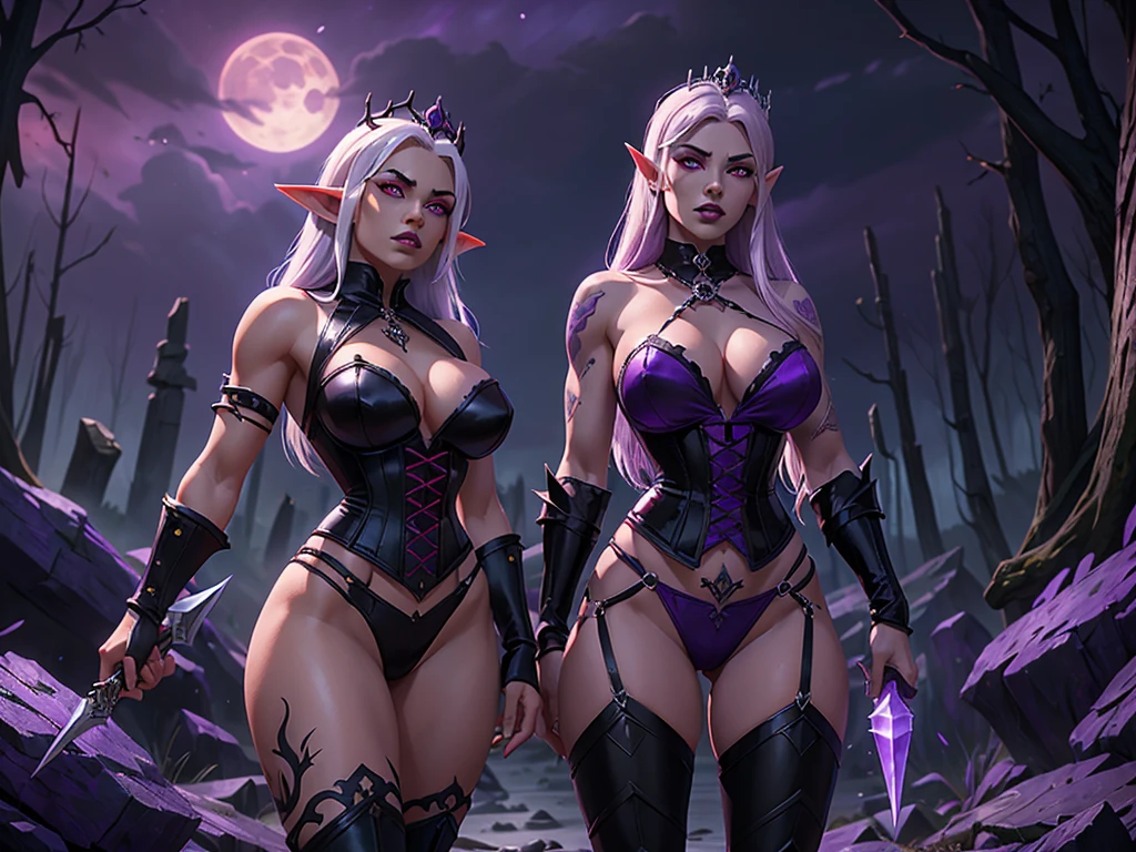 ((Ultra High-quality work)), the lines are clear and concise, Warhammer online, return of reckoning, dark elf, witch elf, poison, two-handed daggers, jagged edge, night, forest, purple sky, red eyes, purple tattoos, muscular, thin corset, white hair, crown, big tits, thick, gothic