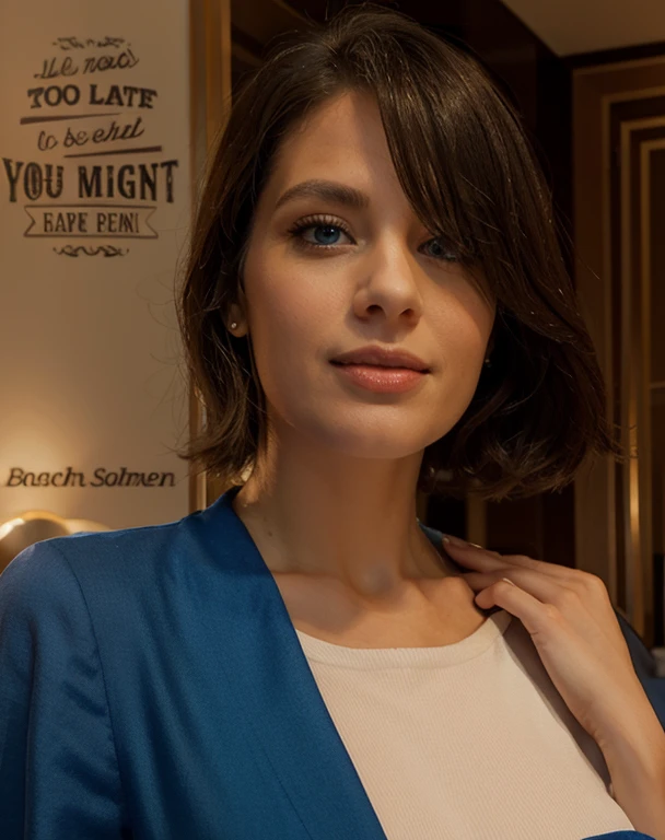 Make her a full elegant lady, wearing v-neck style sexy dress, elegant, full body, standing in the lobby of a fancy hotel, ultra detailed, ultra high-quality, super realistic, blue eyes