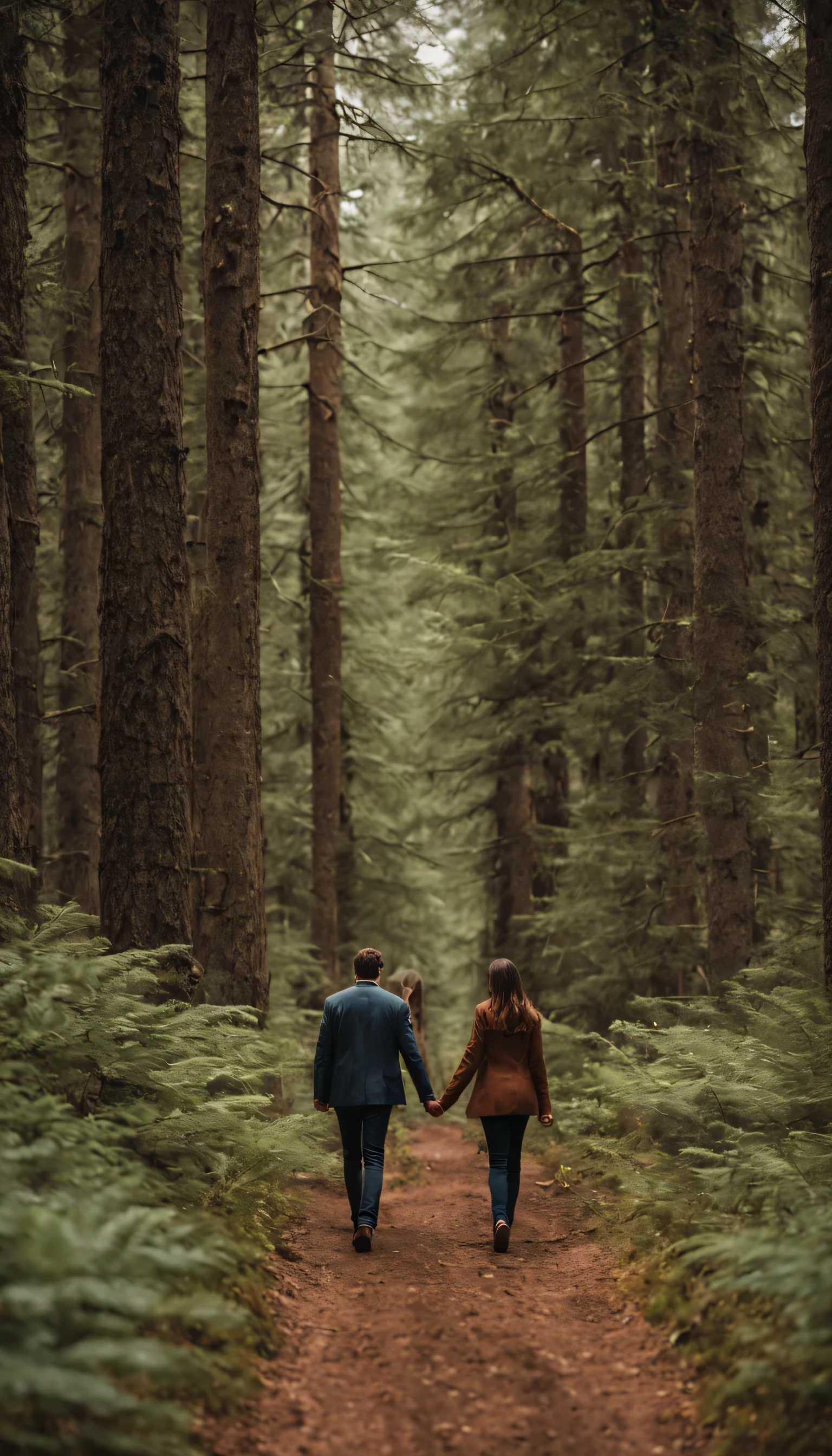 Man walking in a forest holding hands with a girl and a boy