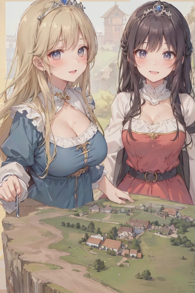 (tiny villages from sky view), hills, cliffs, (tiny villages from sky view in front of the breasts of giantess girls: 1.4), (from sky view: 1.3), mountains, simple background, (2girls:1.4), (height_difference:1.5), (size_difference:1.5), (giantess:1.3), (adult woman: 1.4), (girl rear view on a cliff below the breasts of a giantess girl: 1.1), (rear_end:1.2), (tall girl: 1.1), professionally drawn, (huge breasts), (cleavage sweat), (anime drawing:1.1), (simple bold lines: 1.1), (anime:1.1), (very cute anime girl), (bright), (low contrast), (prettiest teenage girl), (mature face: 1.4), (tall girl with big breasts: 1.2), :D, (princess clothing), tiara, (elegant princess hair: 1.1), (hands on the tiny villages from sky view: 1.3)