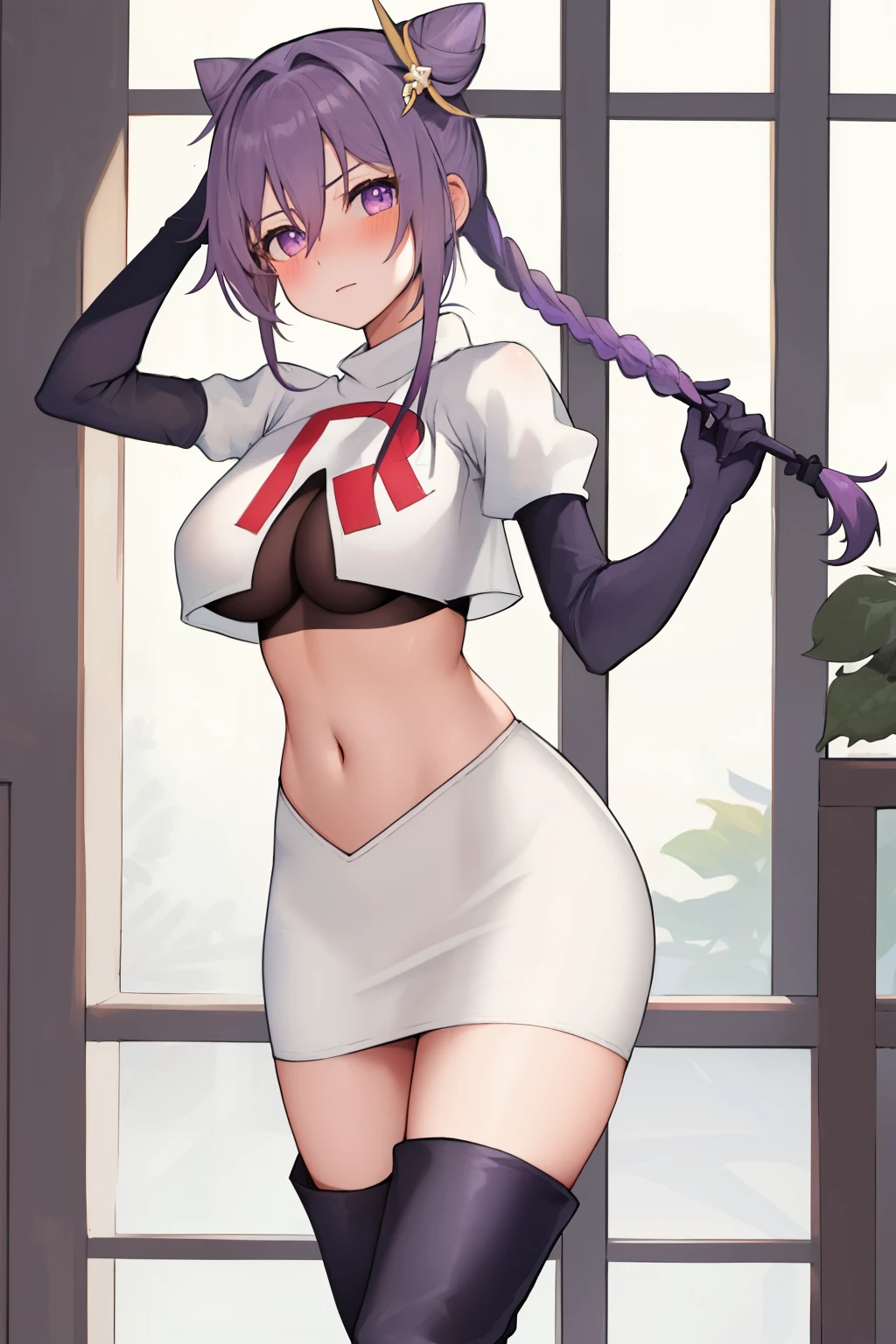 best quality, masterpiece, highres, solo, {keqing_genshin:1.15}, long_hair, purple_hair, purple_eyes, hair_bun, cone_hair_bun, twintails, bangs, double_bun, breasts, hair_ornament, blush, braid, medium_breasts, 1girl, bare_shoulders, cleavage, looking_at_viewer,hair_between_eyes, large_breasts, team rocket,team rocket uniform,white skirt,red letter R,crop top,black thigh-high boots,black elbow gloves,
