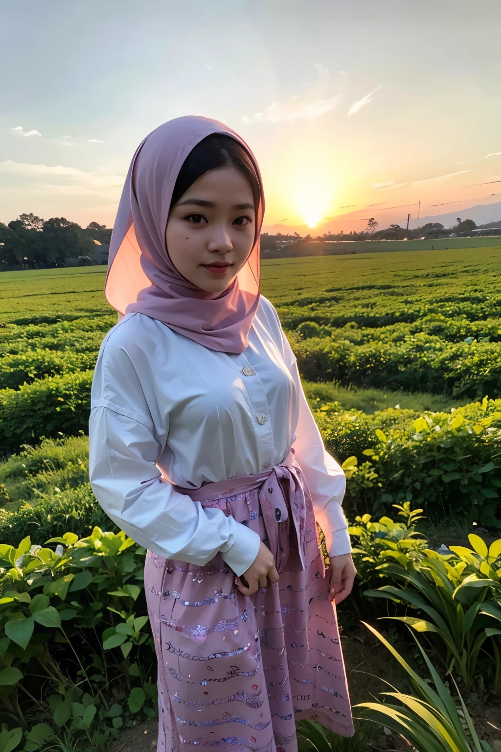 Seorang wanita berpakaian putih dengan jilbab pink dan celana panjang berdiri di tepi sawah. Di tangannya, dia memegang lembut seekor kucing putih. Di kejauhan, pohon kelapa menjulang tinggi, menciptakan siluet yang indah di langit senja. Cahaya matahari terbenam memancar di sepanjang sawah, menciptakan warna-warna hangat yang mempesona. Gambar ini dirender dengan detail halus, menangkap keindahan alam dan kelembutan momen senja. Suasana hati yang tenang dan damai terpancar dari gambar ini, memperlihatkan kedamaian dan keindahan alam pedesaan, gambar sangat jelas dan detail