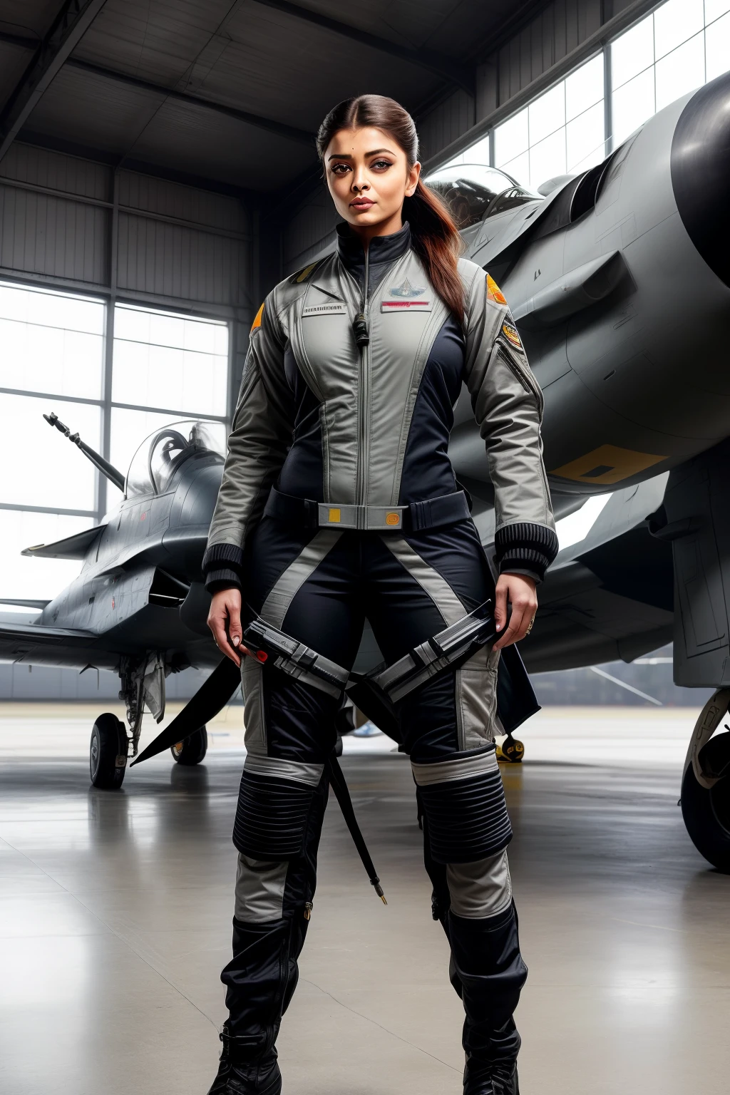 Aishwarya rai as fighter pilot, grey pilot uniform, high boots, posing in catwalk in hanger, day scene, hourglass figure, look at camera (((winking eye))), ((ponytail hair)), sexy 50 yo MILF, soft volumetric lights, intricate details, (ArtStation:1.2)
