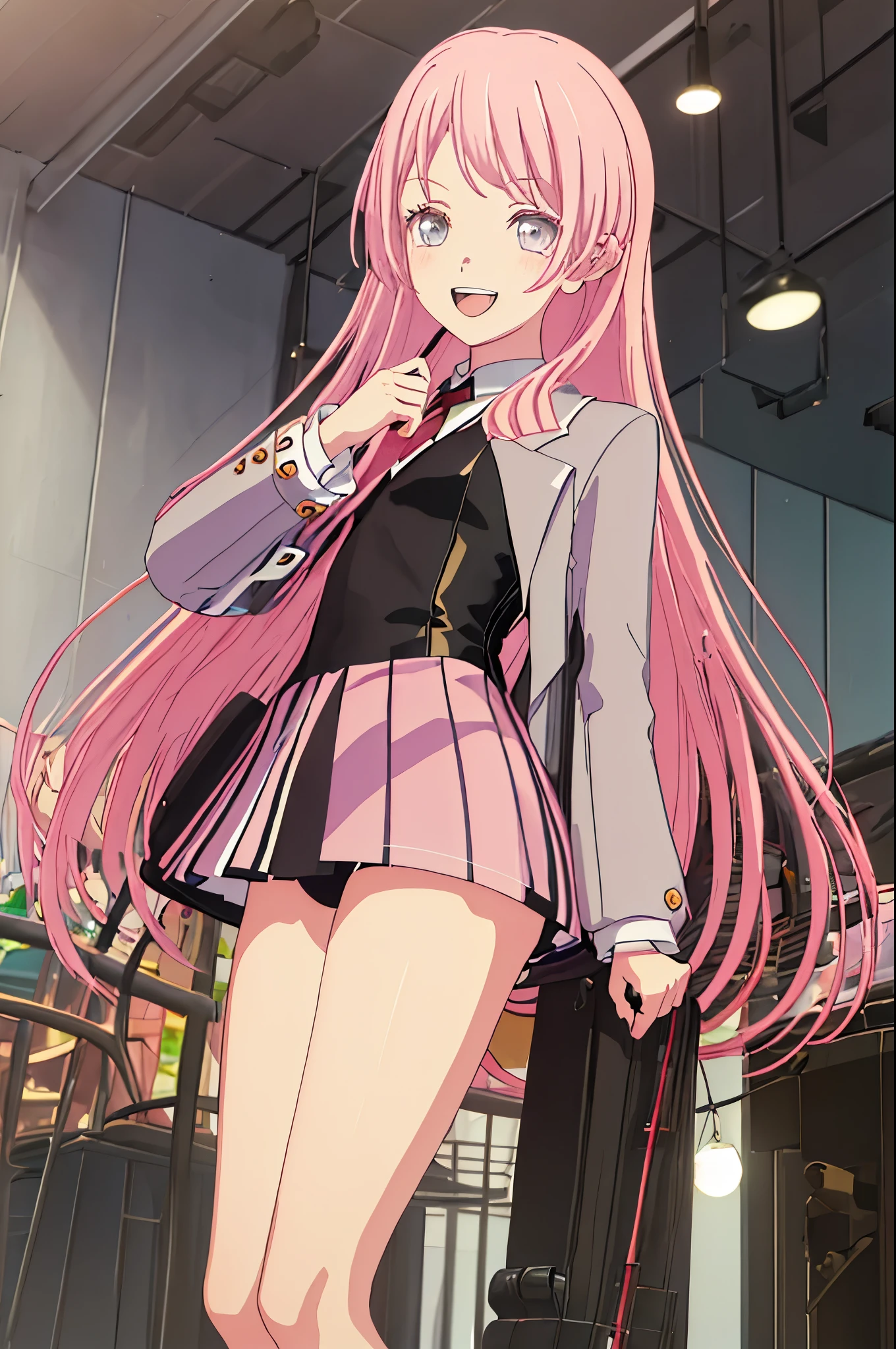 best quality, masterpiece, highres, solo, {chihaya_anon_bangdreamitsmygo:1.15}, long_hair, pink_hair, bangs, blush, grey_eyes, open_mouth, indoors, 1girl, blurry, blurry_background, magician, tuxedo, leotard, bare legs, shoes, teeth, upper_teeth_only, smile, :d, portrait