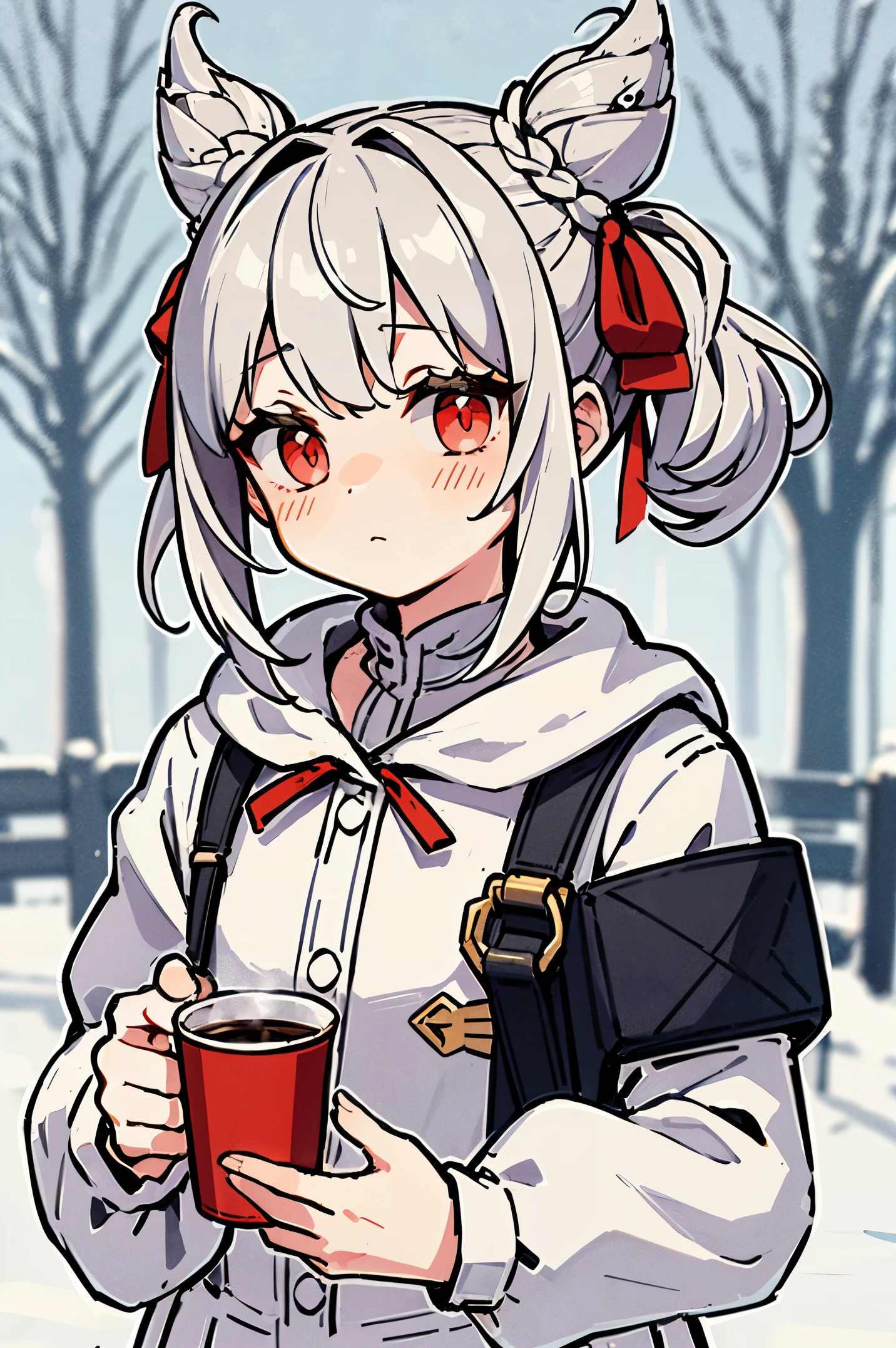 (masterpiece), (best quality), (highly detailed), 1girl, solo, red eyes, holding, disposable cup, looking at viewer, holding cup, outdoors, snow, long sleeves, bangs, cup, coffee cup, tree, closed mouth, bare tree, fur trim, hair between eyes, ribbon, open clothes, bag, winter, black ribbon, snowing, grey hair, coat, hair ribbon, hair bun, upper body, jacket, sidelocks, blush, fur collar