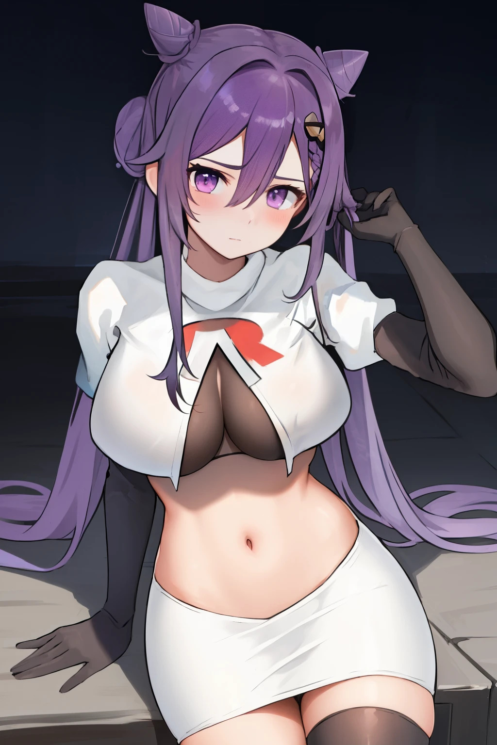best quality, masterpiece, highres, solo, {keqing_genshin:1.15}, long_hair, purple_hair, purple_eyes, hair_bun, cone_hair_bun, twintails, bangs, double_bun, breasts, hair_ornament, blush, braid, medium_breasts, 1girl, bare_shoulders, cleavage, looking_at_viewer,hair_between_eyes, large_breasts, team rocket,team rocket uniform,white skirt,red letter R,crop top,black thigh-high boots,black elbow gloves,