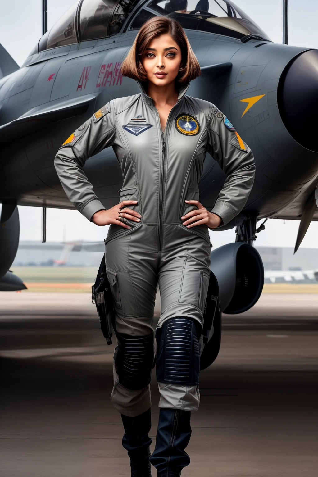 Aishwarya rai as fighter pilot, grey plain pilot uniform, high boots, posing in catwalk in hanger, day scene,  hourglass figure, look at camera (((winking eye))), ((bob cut hair)), sexy 50 yo MILF, soft volumetric lights, intricate details, (ArtStation:1.2)