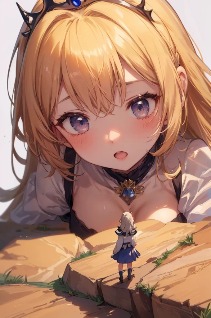 cliffs, (girl on a cliff in front of the breasts of giantess girls: 1.4), (from sky view: 1.3), mountains, simple background, (2girls:1.4), (height_difference:1.5), (size_difference:1.5), (giantess:1.3), (adult woman: 1.4), (girl rear view on a cliff below the breasts of a giantess girl: 1.1), (rear_end:1.2), (tall girl: 1.1), professionally drawn, (huge breasts), (cleavage sweat), (anime drawing:1.1), (simple bold lines: 1.1), (anime:1.1), (very cute anime girl), (bright), (low contrast), (prettiest age girl), (mature face: 1.4), (tall girl with big breasts: 1.2), :D, (princess clothing), tiara, (elegant princess hair: 1.1), (girl on a cliff from behind: 1.5)