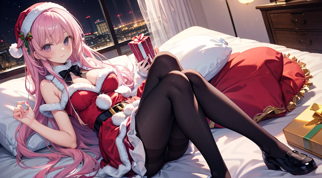 one-girl,soio,170cm height,55cm bust,A pink-haired,Purple eye,the night, Extremely detailed, Wearing miniskirt Santa Claus costume, Santa Claus costume with warm fur,In the bedroom,((lacepantyhose)),black glove,With bare arms,mitsukasa ayase