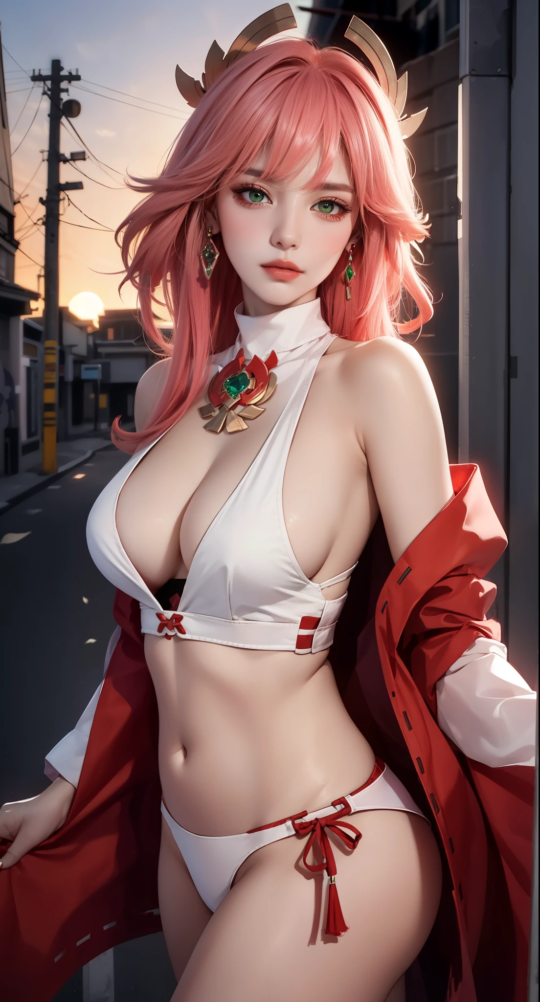 Dramatic silhouette against a sunset backdrop, (Masterpiece, Excellent, 1girl, solo, complex details, color difference), realism, ((medium breath)), off-the-shoulders, big breasts, sexy, Yae Miko, long pink hair, red headdress, red highlight, hair above one eye, green eyes, earrings, sharp eyes, perfectly symmetrical figure, choker, neon shirt, open jacket, turtleneck sweater, graffiti, dim lighting, alley, looking at the audience, ((mean, seductive, charming)), tulle, bare shoulders, blooming flower fields, radiant skin, faint smile, sexy, bust, no breast cover, naked, cocked ass, tummy look