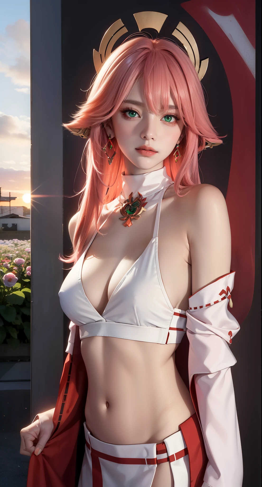 Dramatic silhouette against a sunset backdrop, (Masterpiece, Excellent, 1girl, solo, complex details, color difference), realism, ((medium breath)), off-the-shoulders, big breasts, sexy, Yae Miko, long pink hair, red headdress, red highlight, hair above one eye, green eyes, earrings, sharp eyes, perfectly symmetrical figure, choker, neon shirt, open jacket, turtleneck sweater, graffiti, dim lighting, alley, looking at the audience, ((mean, seductive, charming)), tulle, bare shoulders, blooming flower fields, radiant skin, faint smile, sexy, bust, no breast cover, naked, cocked ass, tummy look