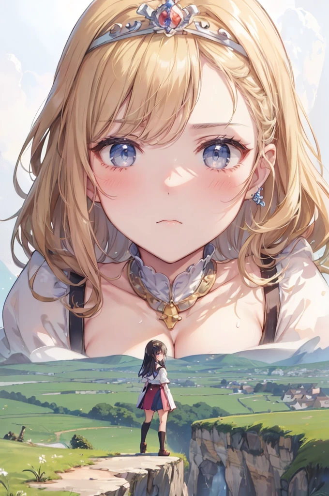 (tiny villages from sky view), hills, cliffs, (tiny villages from sky view in front of the breasts of giantess girls: 1.4), (from sky view: 1.3), mountains, simple background, (2girls:1.4), (height_difference:1.5), (size_difference:1.5), (giantess:1.3), (adult woman: 1.4), (girl rear view on a cliff below the breasts of a giantess girl: 1.1), (rear_end:1.2), (tall girl: 1.1), professionally drawn, (huge breasts), (cleavage sweat), (anime drawing:1.1), (simple bold lines: 1.1), (anime:1.1), (very cute anime girl), (bright), (low contrast), (prettiest teenage girl), (mature face: 1.4), (tall girl with big breasts: 1.2), :D, (princess clothing), tiara, (elegant princess hair: 1.1), (hands on the tiny villages from sky view: 1.3)