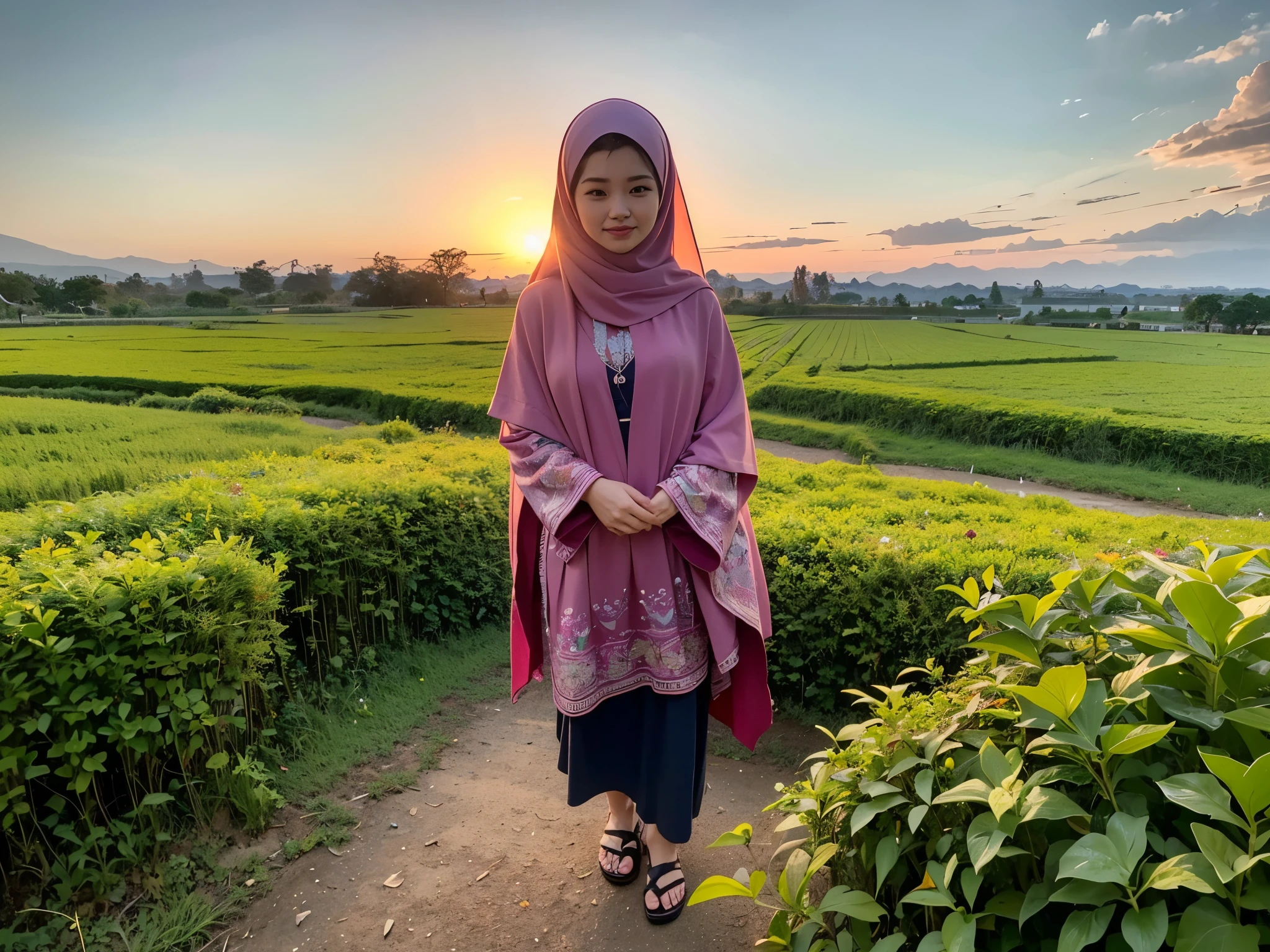 Seorang wanita berpakaian putih dengan jilbab pink dan celana panjang berdiri di tepi sawah. Di tangannya, dia memegang lembut seekor kucing putih. Di kejauhan, pohon kelapa menjulang tinggi, menciptakan siluet yang indah di langit senja. Cahaya matahari terbenam memancar di sepanjang sawah, menciptakan warna-warna hangat yang mempesona. Gambar ini dirender dengan detail halus, menangkap keindahan alam dan kelembutan momen senja. Suasana hati yang tenang dan damai terpancar dari gambar ini, memperlihatkan kedamaian dan keindahan alam pedesaan, gambar sangat jelas dan detail