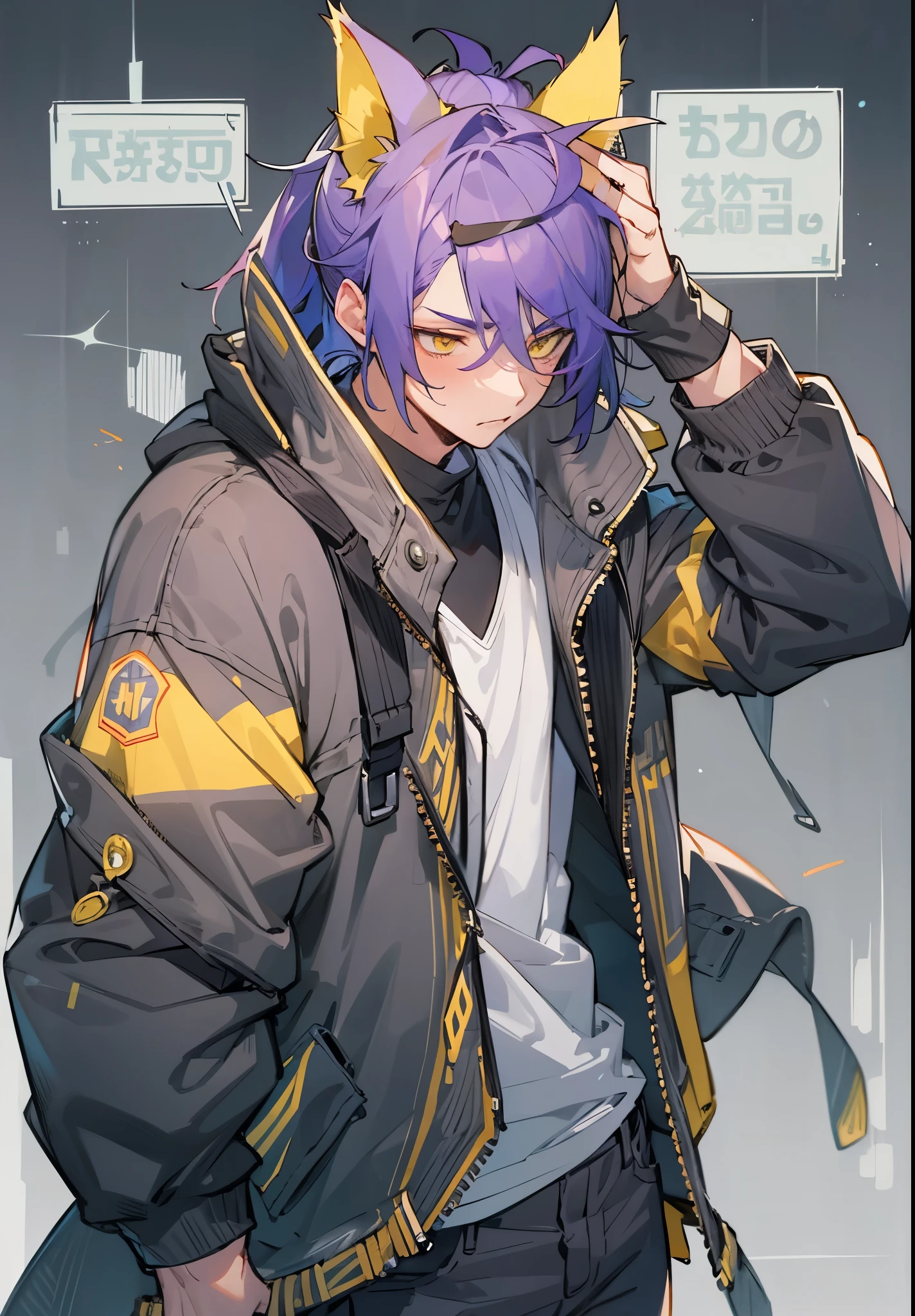1male, Adult, purple hair, yellow eyes, cat ears, oversized Jacket, baggy jeans, muscular, sleepy face, tired, ponytail