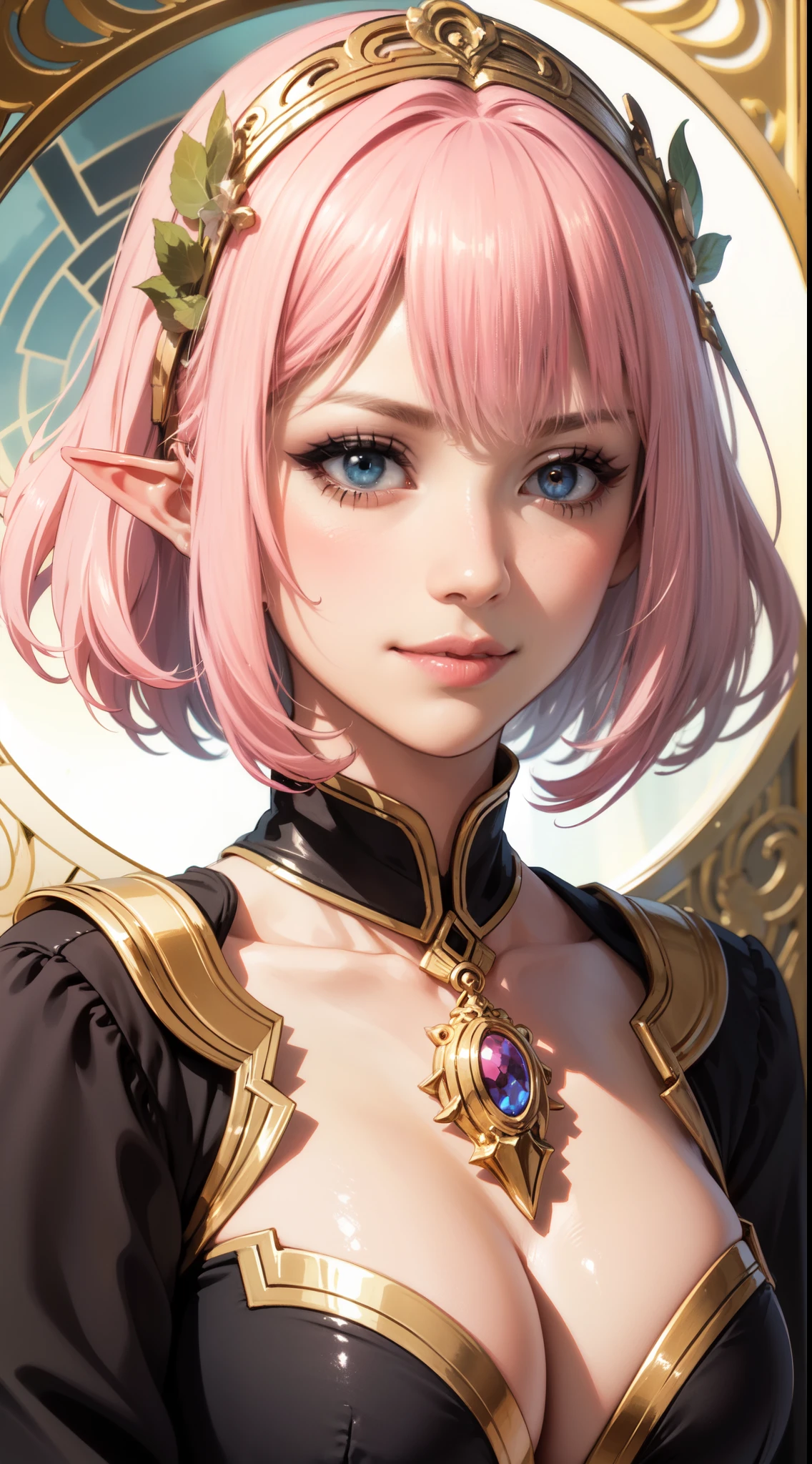 tarot card layout,Best quality, Masterpiece, (Realistic:0.6), Realistic lighting,Flower frame, Decorative panels, abstract artistic, Alphonse Mucha, (Art Nouveau, A high resolution: 1.4), A detailed, Complicated details, 4K,Wheel of Fortune,golden colored,Solid, BREAK, highly detailed of (elf), (1girl), solo, big breast, perfect face, details eye, Bob cut hair, Blunt bangs, (hair between eye), blonde pink hair, blue eyes, in the style art by Artgerm, by Kawacy, by Yoshitaka Amano, BREAK, eyelashes, makeup, eyeshadow, pink eyeshadow, light pink lips, smile, blush