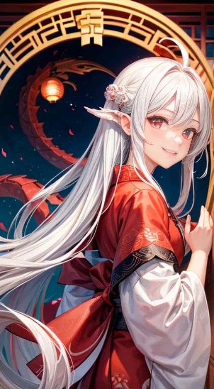 High quality, One Chinese dragon, Dragon is very powerful, White dragon, Dragon looking at girl on side, Girl in kimono in front of dragon, Girl in red kimono, Flowing hair, Long hair, White hair, Small nose, Wind is blowing, Girl facing front, Large clear eyes, Slightly protruding, Arched eyes, Smiling arched eyebrows, nose is inconspicuous, smiling,