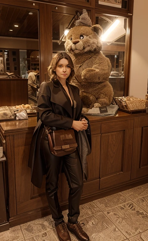 Exchange coat and trousers with a v-neck dress that is very exposing and very sexy, ultra realistic, ultra high-quality