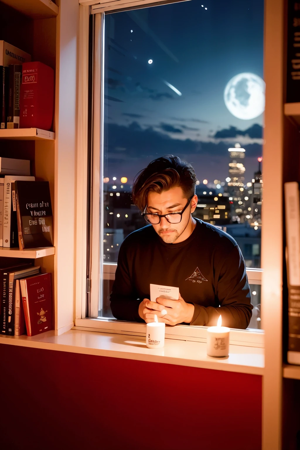 Magia realista de um homem com curto, cabelos grisalhos, wearing glasses, vestindo um moletom preto, fear expression, Standing, setting up a night office, night buildings in the landscape through the window with runes drawn on the walls in red color with candles and library books