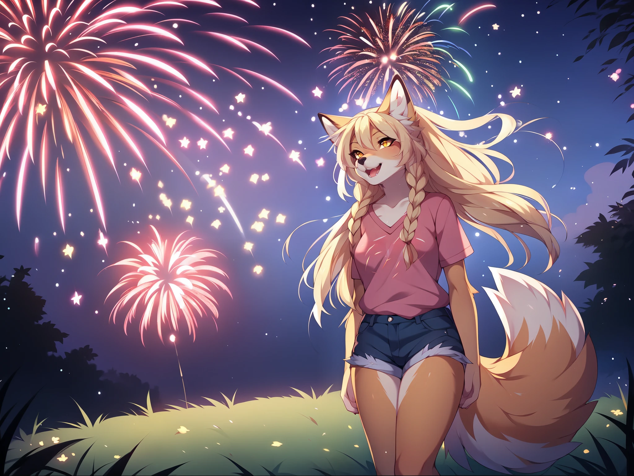 Solo, Kimiko, cute furry anthro tan fox girl, long blonde straight hair, yellow eyes, (looking up):1.2, mouth open, looking amazed, smiling, small iris, small pupil, wearing jean shorts, barefoot, pink t shirt, standing on a large open grassy hill, nighttime, intense fireworks in the sky, galaxy of fireworks in sky, she is looking at the fireworks, by fumiko, by hyattlen, by hioshiru, upper body shot, small tail