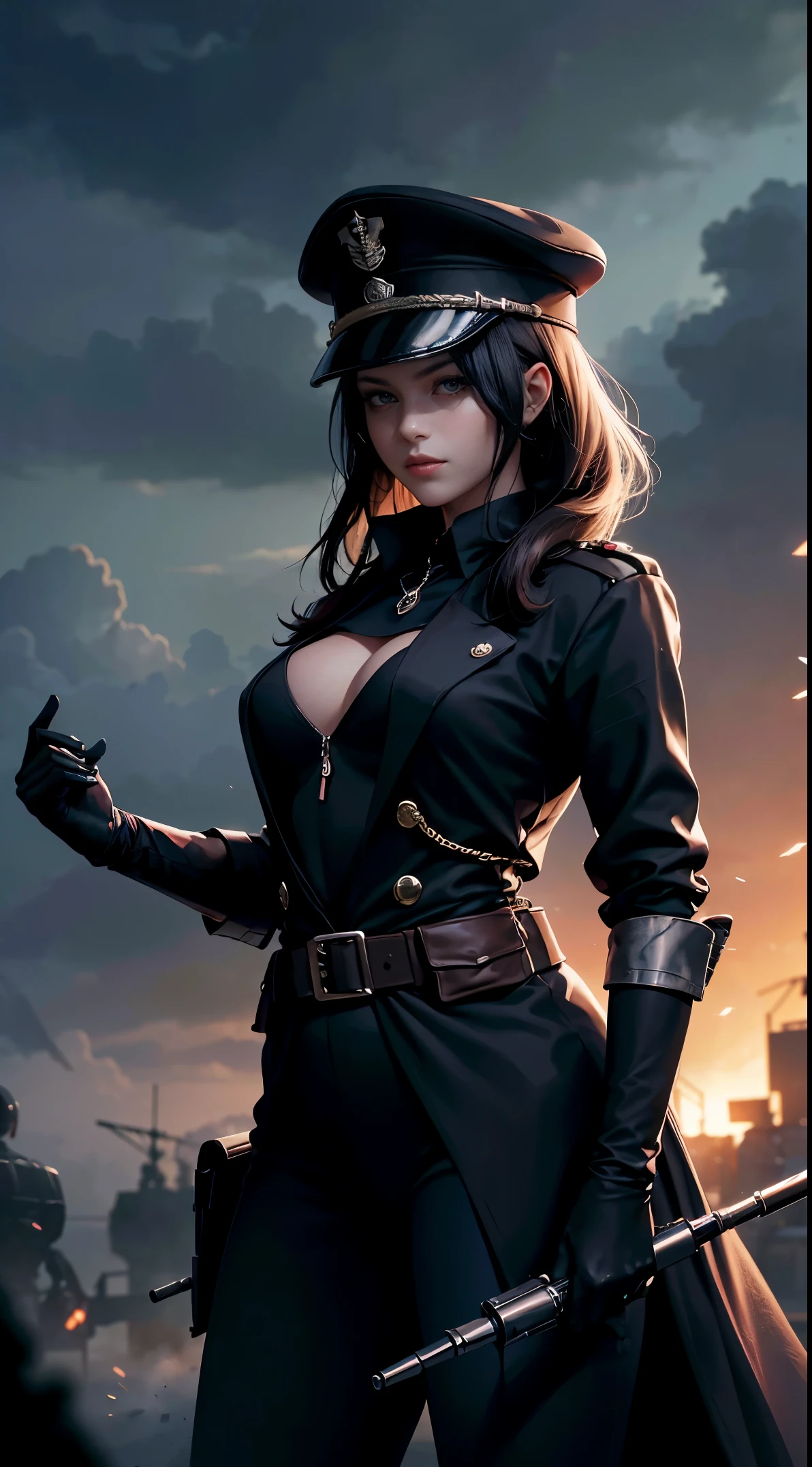 A mulher segurava uma arma longa, Terno preto geral da Segunda Guerra Mundial,, WWII Black Army Hat, elegante. tanques e soldados ao fundo,elemento vermelho do sangue,HD claro e escuro, Balanced rendering, Hd Lighting & Darkness )<=(Epic image quality)dark atmosphere with bright particle light(Muitos efeitos em segundo plano)