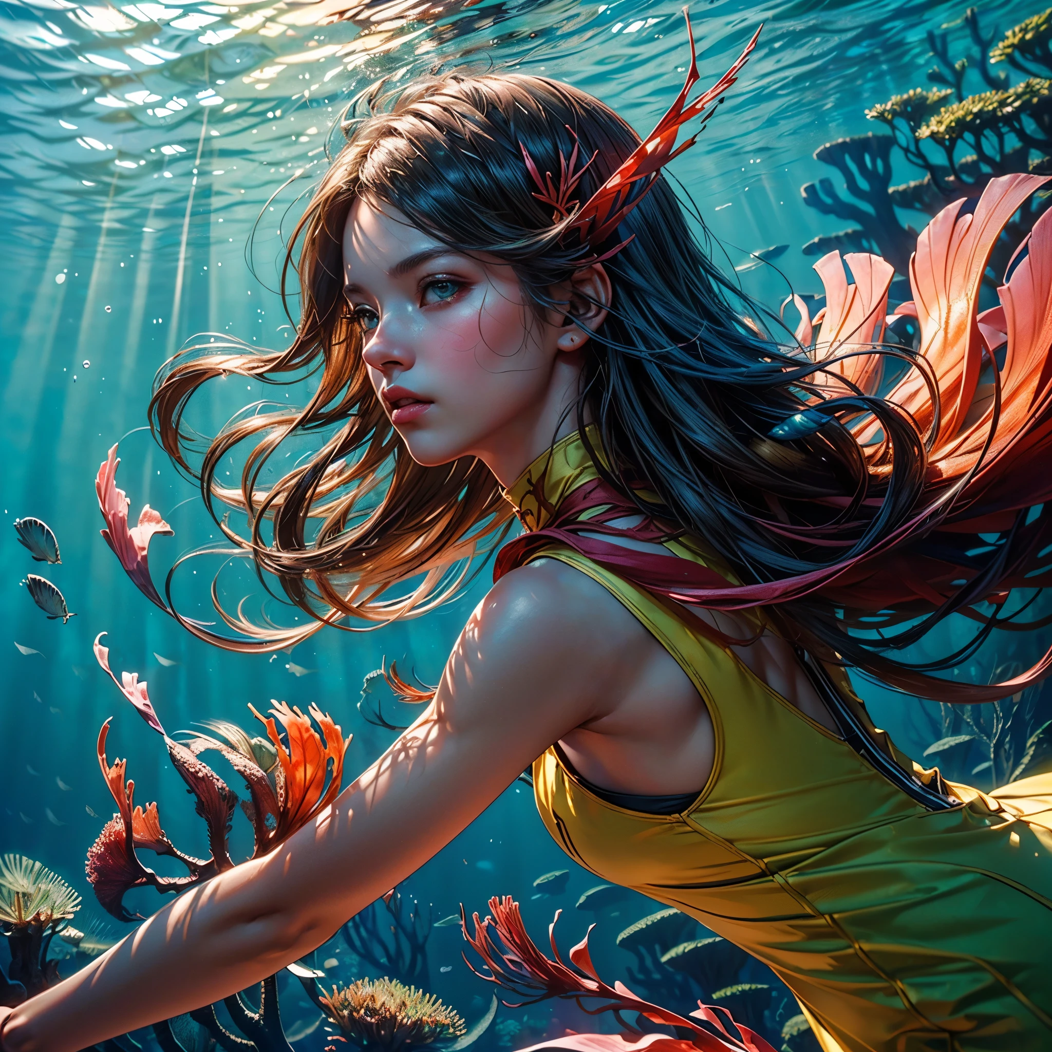 (((masterpiece))),(((best quality))),((ultra-detailed)),((underwater)),(illustration),(beautiful detailed water),((coral)),open tuck,((extremely delicate and beautiful girls)),dynamic angle,floating,(beautiful detailed eyes),(detailed light),(li),floating hair,glowing eyes,(splash),underwater),((fishelack hair,green right eye,iceblue left eye,very long white dress,feather,nature,(sunlight),(underwater forest),(painting),(bloom),(detailed glow),(drenched),seaweed,fish,(((Tyndall effect))),face to face deep path equirectangular ultra_photo-realistic meticulously intricate ultra_high-details ultra_high-quality ultra_high-def ultra_high-res optimal ultra_sharpness focus perfection accurate global illumination volumetric Cinematic_Sunlight Lightning contrast cgi vfx sfx reflex Octane_rendered extreme improved radiant graduated UHD XT3 DSLR HDR romm rgb pbr 3dcg fxaa blu-ray vivid colors-coded backlight frontlight anti-aliasing fkaa txaa rtx ssao opengl-shaders glsl-shaders post-processing post-production cell-shading tone-mapping luminescence Crystalline varies multi etc. --s 1000 --c 20 --q 20 --chaos 100