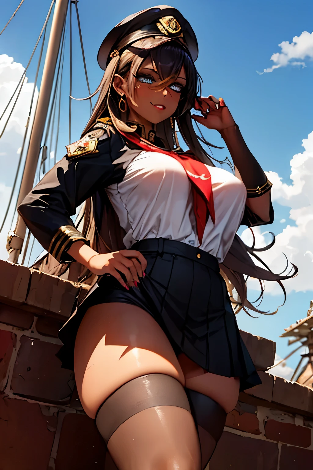 masterpiece,best quality,studio lighting,dehya, (dark skin),seductive pose, glowing eyes, perfect face, perfect hands, detailed lips, detailed nose, detailed eyes, (huge breasts), confident smile,(navy captain),navy captain outfit,cruiser ship scenery,((white sailor shirt with a black bow, a black skirt, and black stockings,black officer hat with a golden anchor emblem)),volumetric shadow,Sun beating down on her face