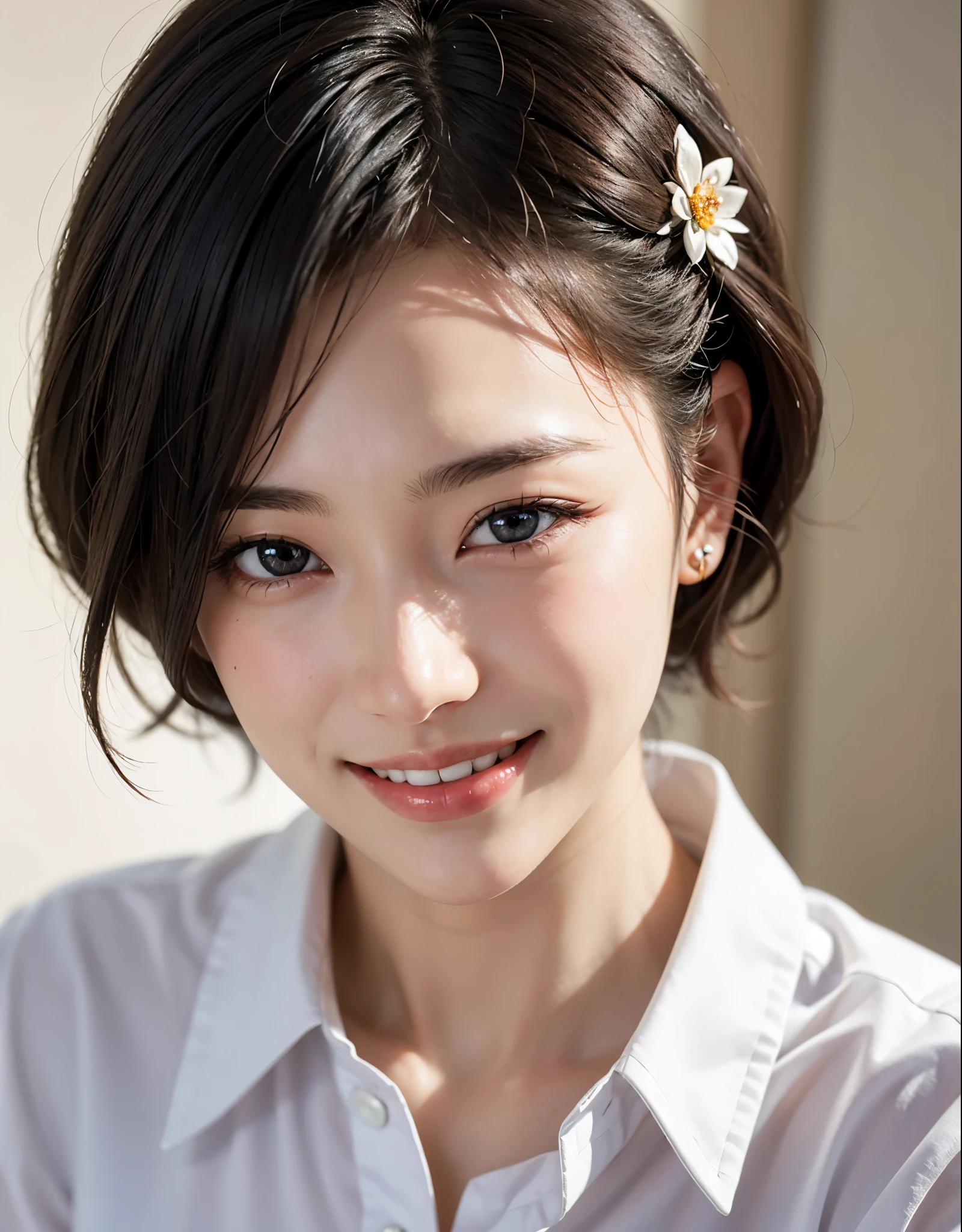 Best Quality, masutepiece, 超A high resolution, (Photorealistic:1.4), Face Up、macro raw photo, 1girl in, kｰpop idol, short-hair, Indoor, Collared shirt 、Detailed eyes,(realisticeyes),delicated face,realskin,detailed hairs,Detailed skin,Beautiful face,((Smiling))、((Beautiful hair ornament))、I'm showing my teeth and smiling、