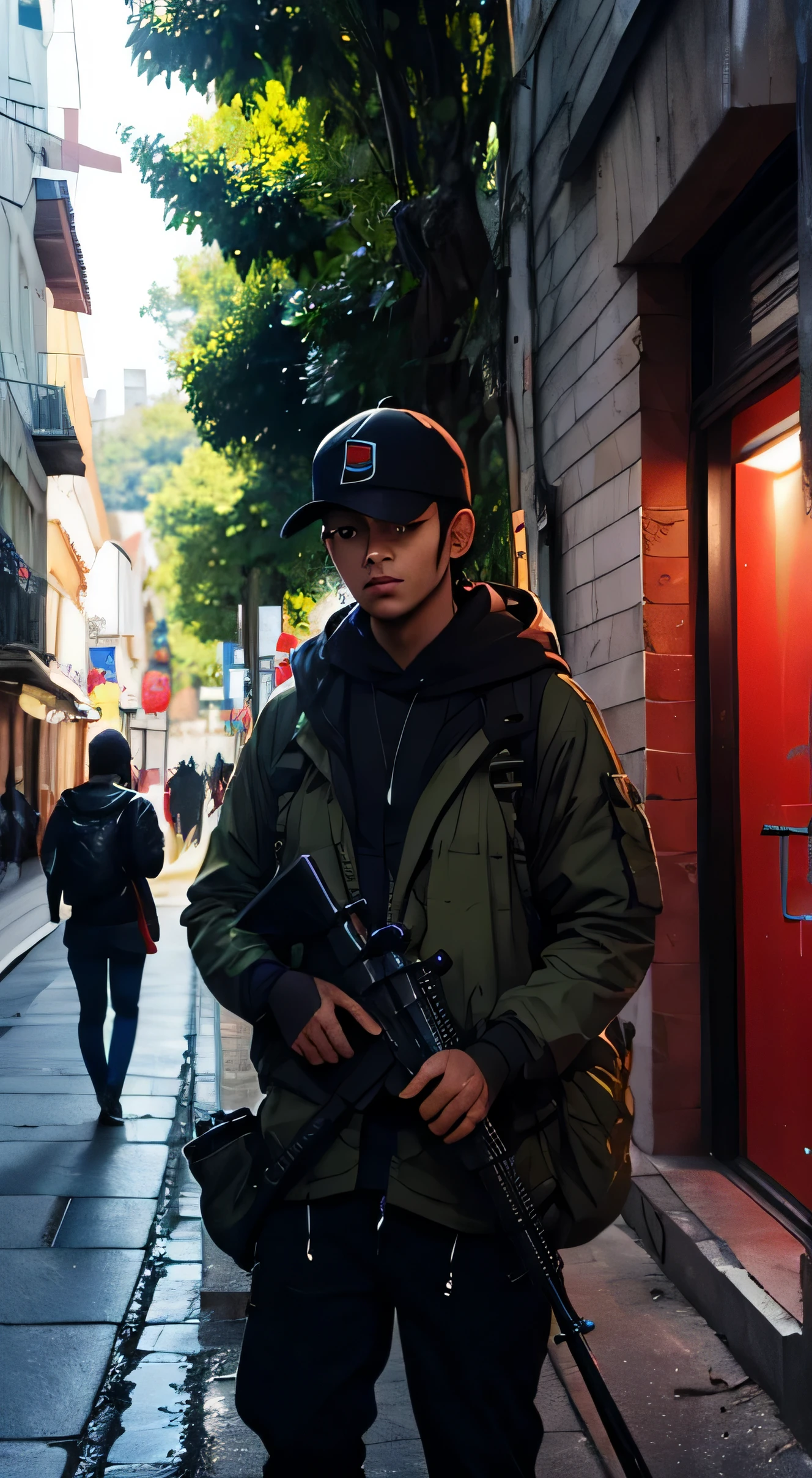 um solda esta deitado emcina de um predio com sua sniper, he is impressing people on the street, luzes verde e vermelhas compes a imagen