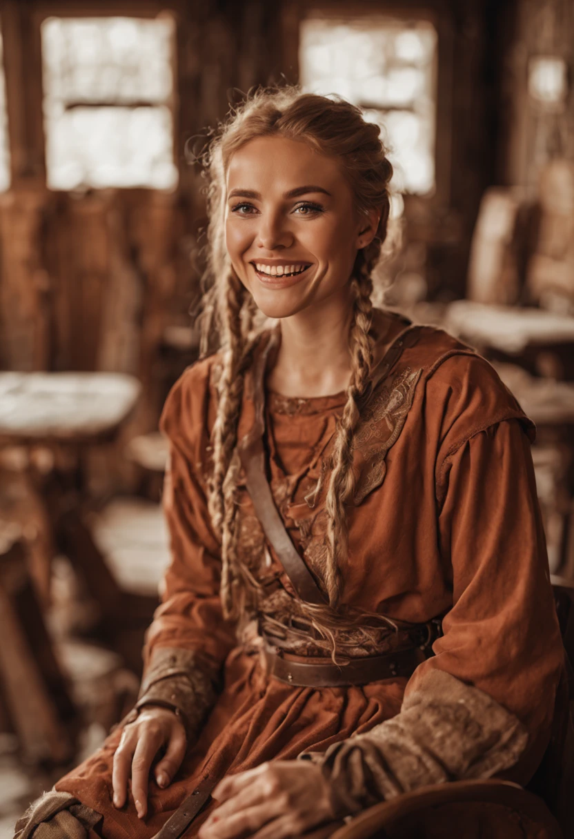 Cute smiling viking warrior woman near wooden furniture, wearing warrior clothes, in the style of subtle, earthy tones, the snapshot aesthetic, rude motifs, i can't believe how beautiful this is, terracotta