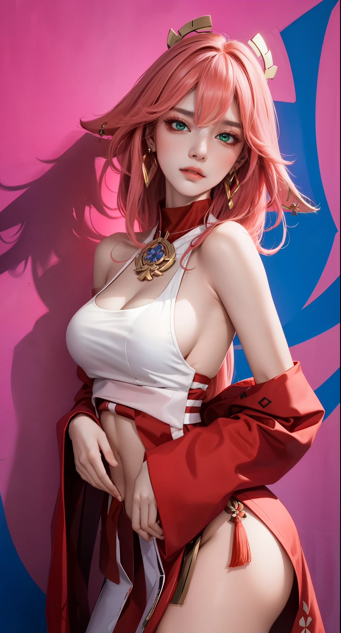 Portrait with a vibrant and colorful background, (Masterpiece, Excellent, 1girl, solo, complex details, color difference), realism, ((medium breath)), off-the-shoulders, big breasts, sexy, Yae Miko, long pink hair, red headdress, red highlight, hair above one eye, green eyes, earrings, sharp eyes, perfectly symmetrical figure, choker, neon shirt, open jacket, turtleneck sweater, graffiti, dim lighting, alley, looking at the audience, ((mean, seductive, charming)), tulle, bare shoulders, blooming flower fields, radiant skin, faint smile, sexy, bust, no breast cover, naked, cocked ass, tummy look
