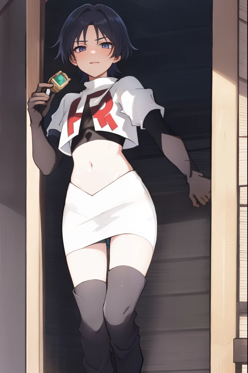 absurdres,masterpiece, trap, best quality, highres, high quality, 1boy, solo, male focus, hair, crossdressing,1boy,team rocket,team rocket uniform,white skirt,red letter R,crop top,black thigh-high boots,black elbow gloves,