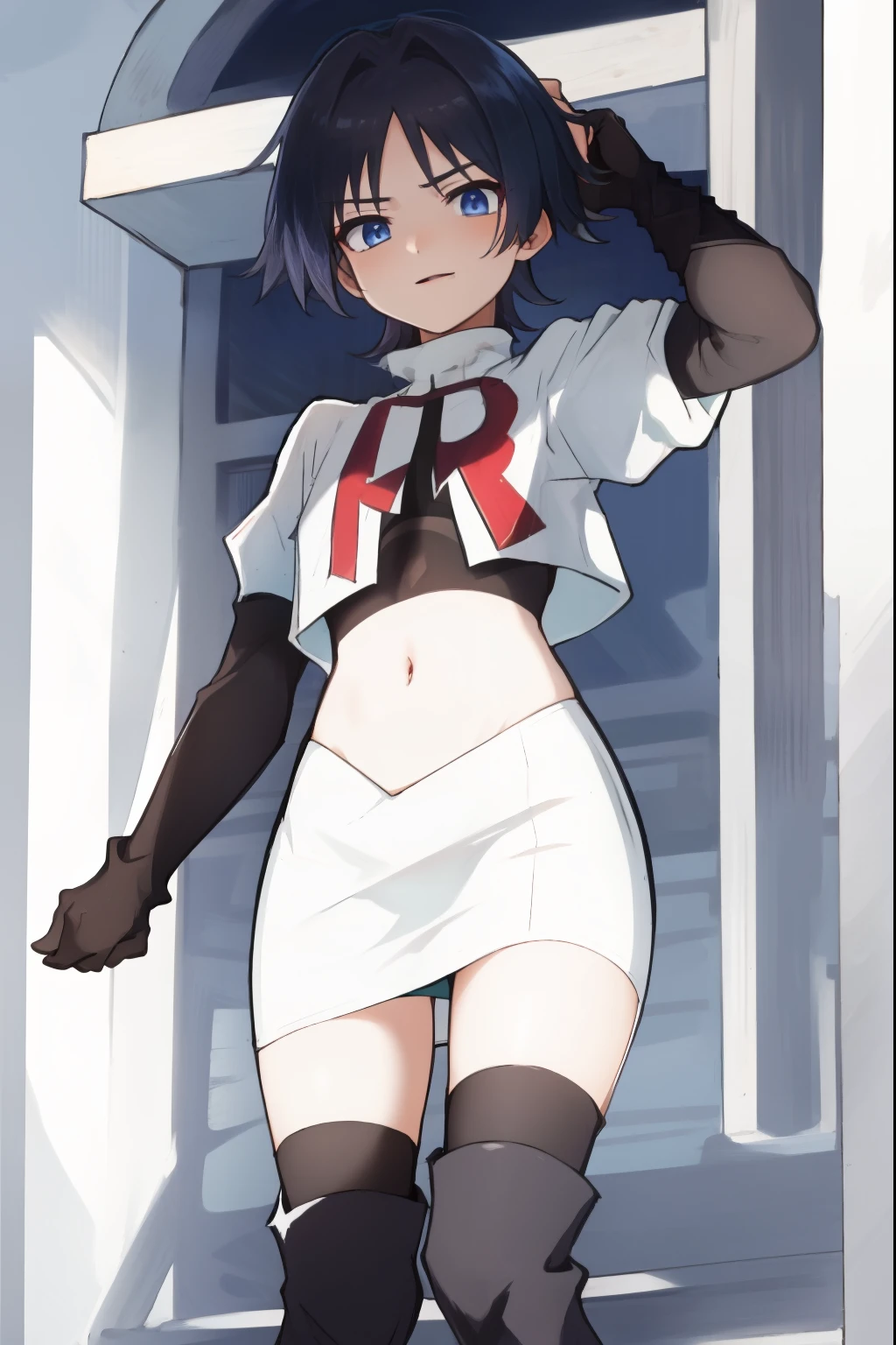 absurdres,masterpiece, trap, best quality, highres, high quality, 1boy, solo, male focus, hair, crossdressing,1boy,team rocket,team rocket uniform,white skirt,red letter R,crop top,black thigh-high boots,black elbow gloves,