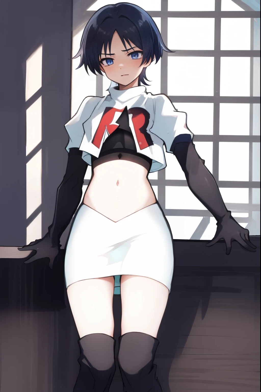 absurdres,masterpiece, trap, best quality, highres, high quality, 1boy, solo, male focus, hair, crossdressing,1boy,team rocket,team rocket uniform,white skirt,red letter R,crop top,black thigh-high boots,black elbow gloves,