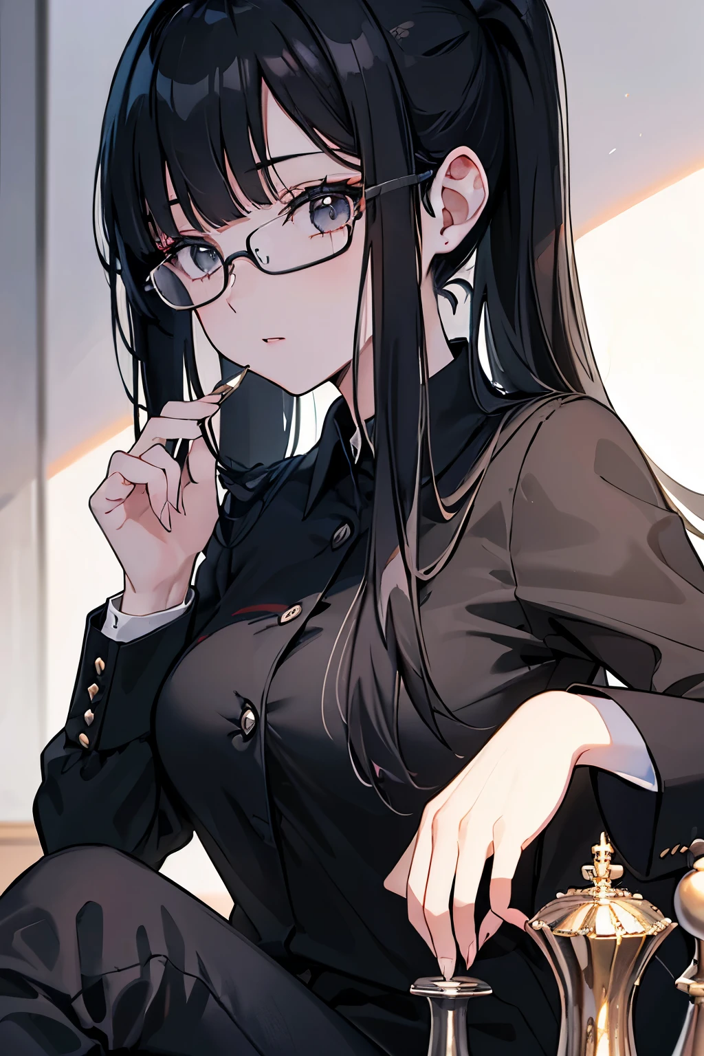 A dark-haired　Gray eyes　pant suit　eye glass　Chess　Chess盤　Aligned bangs　Patsun bangs　poneyTail　​masterpiece　Top image quality　denoise　Clear 　cinematic shadow　Increased attractiveness of the eyes　Clear the shine of the eyes　Draw eyelashes neatly　Perfect Eye　A detailed eye　Sharpen image quality　Sharpen eye writing　Clear eye shape