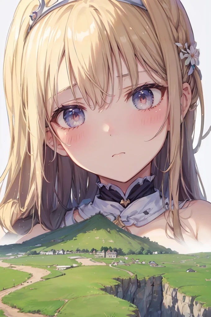 (tiny villages from sky view), hills, cliffs, (tiny villages from sky view in front of the breasts of giantess girls: 1.4), (from sky view: 1.3), mountains, simple background, (2girls:1.4), (height_difference:1.5), (size_difference:1.5), (giantess:1.3), (adult woman: 1.4), (girl rear view on a cliff below the breasts of a giantess girl: 1.1), (rear_end:1.2), (tall girl: 1.1), professionally drawn, (huge breasts), (cleavage sweat), (anime drawing:1.1), (simple bold lines: 1.1), (anime:1.1), (very cute anime girl), (bright), (low contrast), (prettiest teenage girl), (mature face: 1.4), (tall girl with big breasts: 1.2), :D, (princess clothing), tiara, (elegant princess hair: 1.1), (hands on the tiny villages from sky view: 1.3)