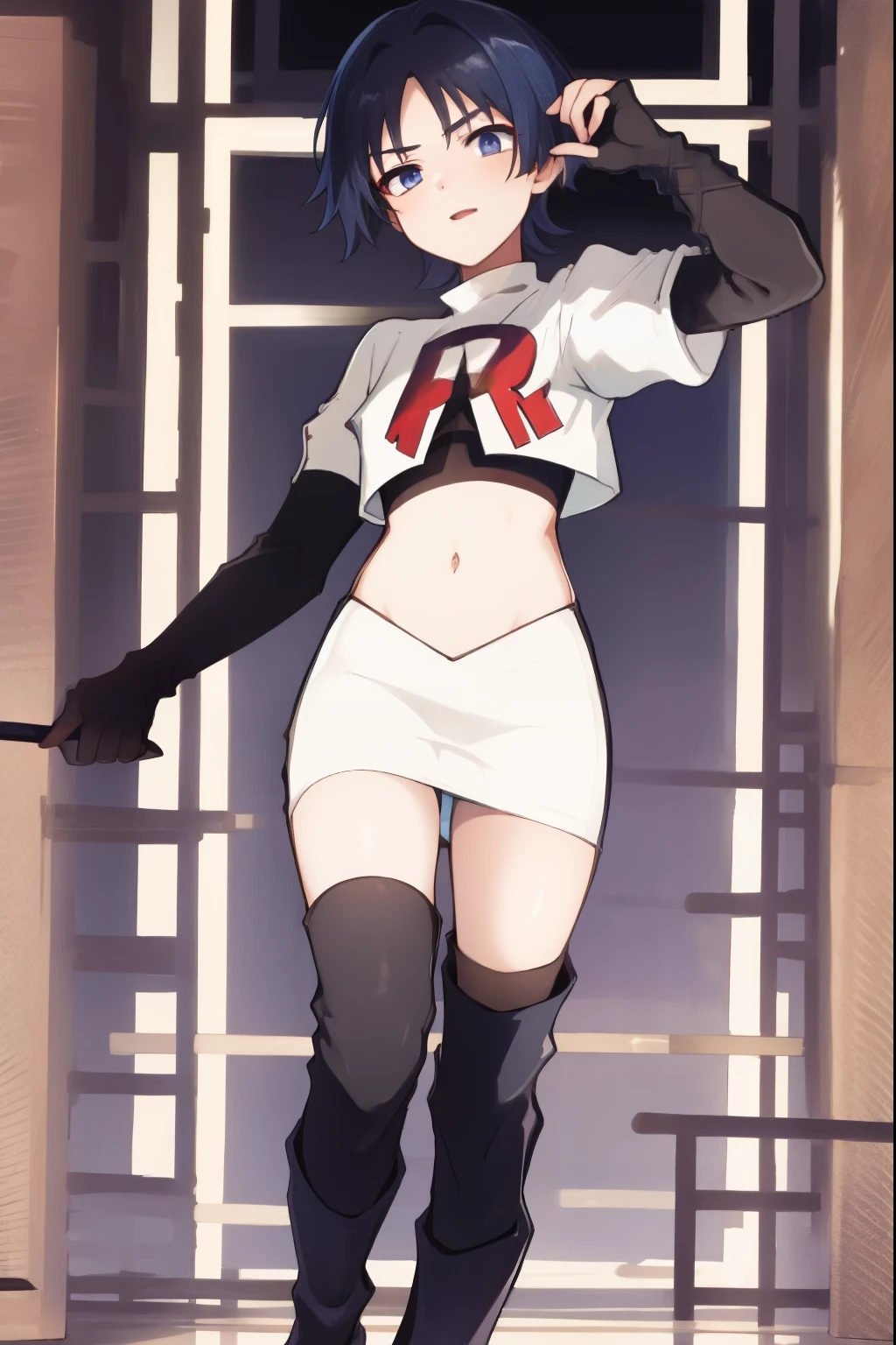absurdres,masterpiece, trap, best quality, highres, high quality, 1boy, solo, male focus, hair, crossdressing,1boy,team rocket,team rocket uniform,white skirt,red letter R,crop top,black thigh-high boots,black elbow gloves,
